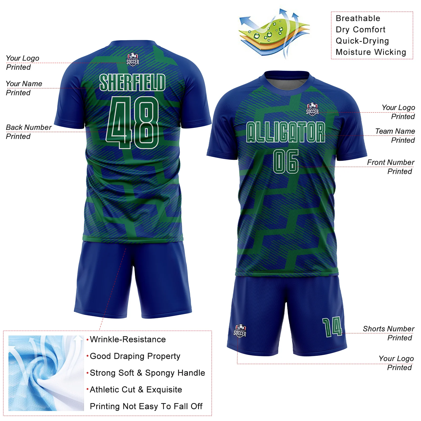 Custom Royal Kelly Green-White Line Sublimation Soccer Uniform Jersey - Image 4