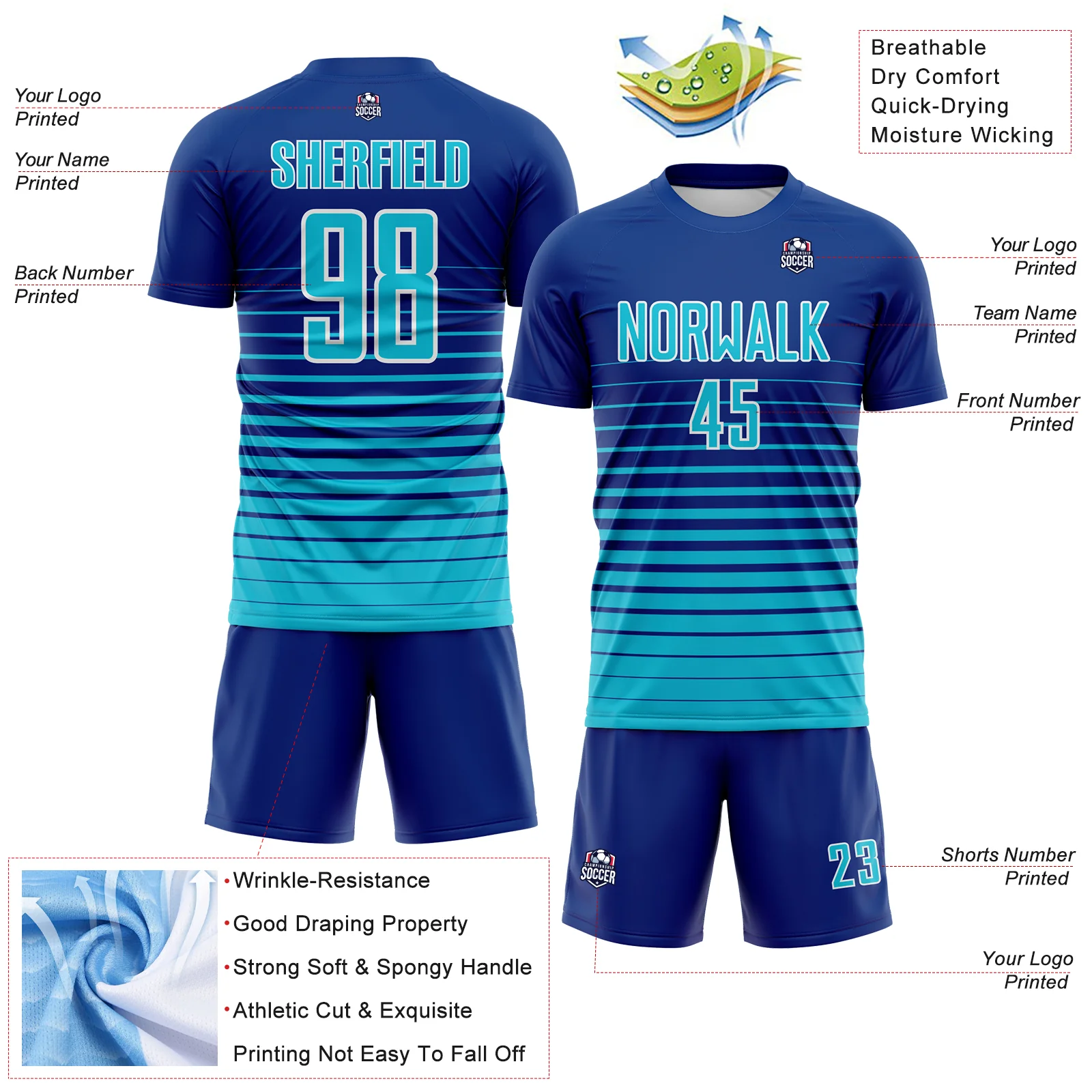 Custom Royal Lakes Blue-White Gradient Pinstripe Sublimation Soccer Uniform Jersey - Image 4