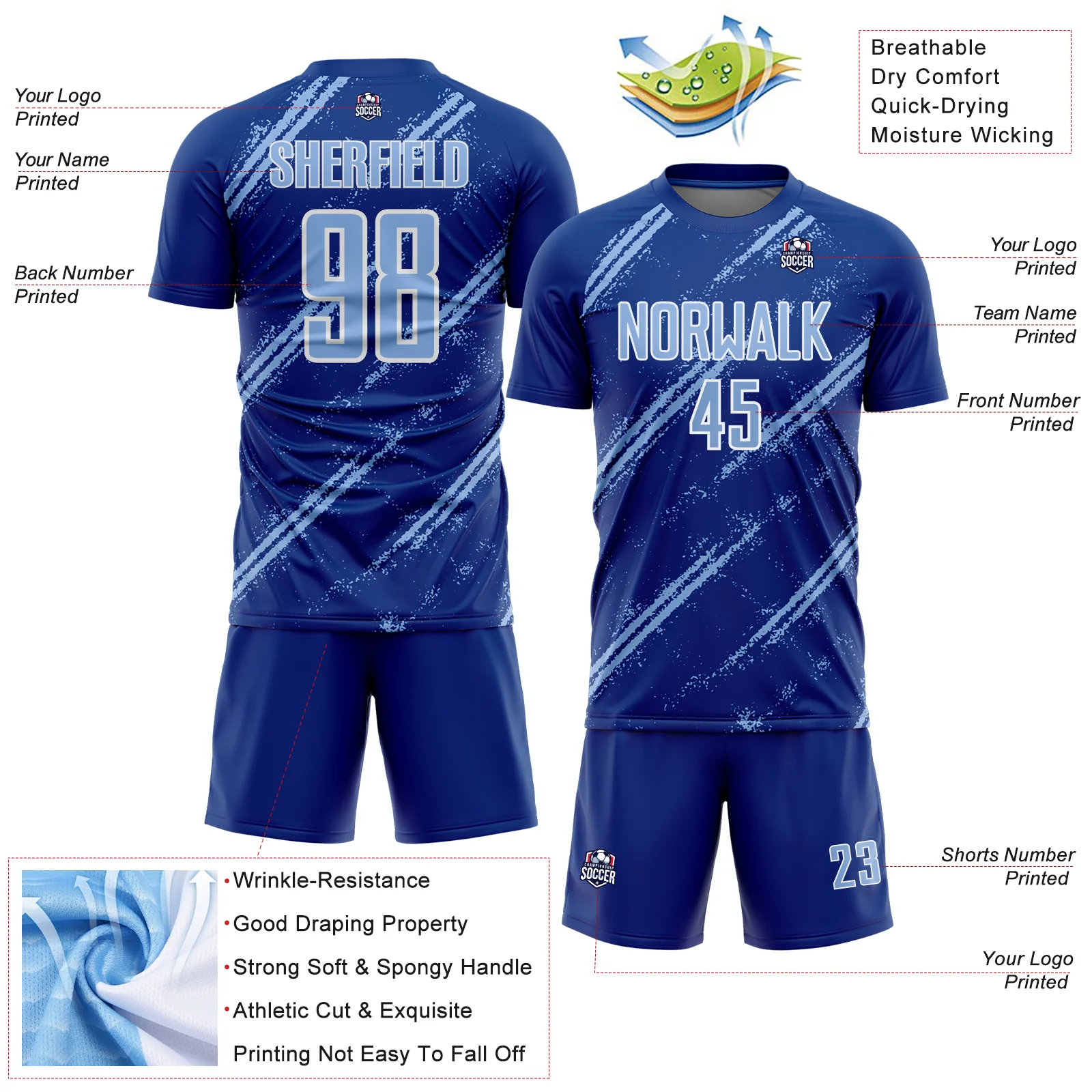 Custom Royal Light Blue-White Abstract Fragment Art Splash Sublimation Soccer Uniform Jersey - Image 4