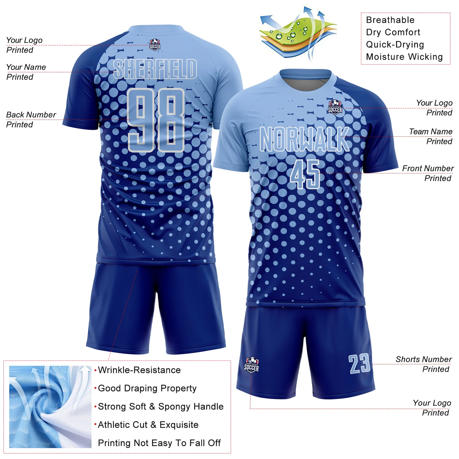 Custom Royal Light Blue-White Modern Polka Dot Sublimation Soccer Uniform Jersey - Image 4