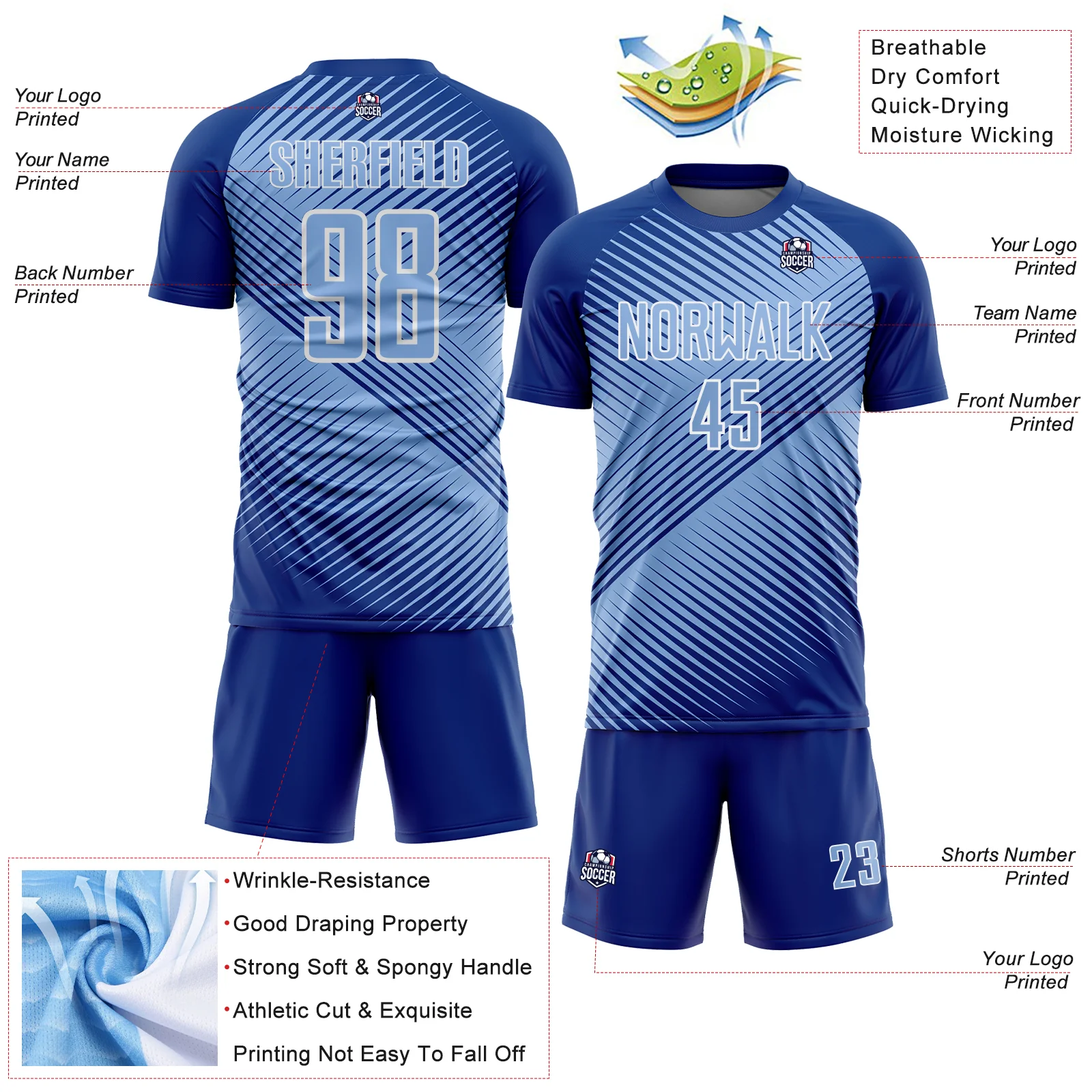 Custom Royal Light Blue-White Line Sublimation Soccer Uniform Jersey - Image 4