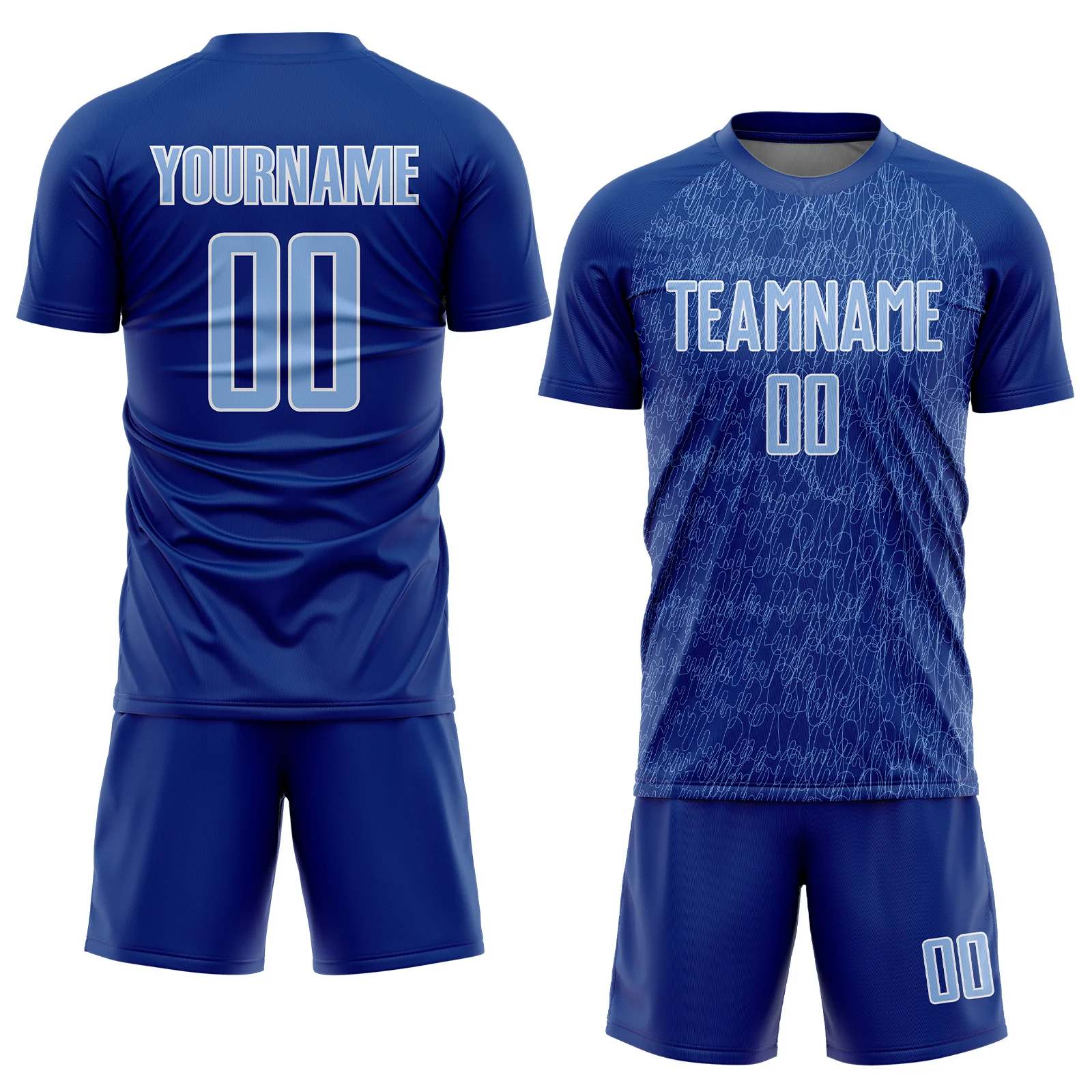 Custom Royal Light Blue-White Abstract Scribble Curve Line Pattern Sports Sublimation Soccer Uniform Jersey - Image 2