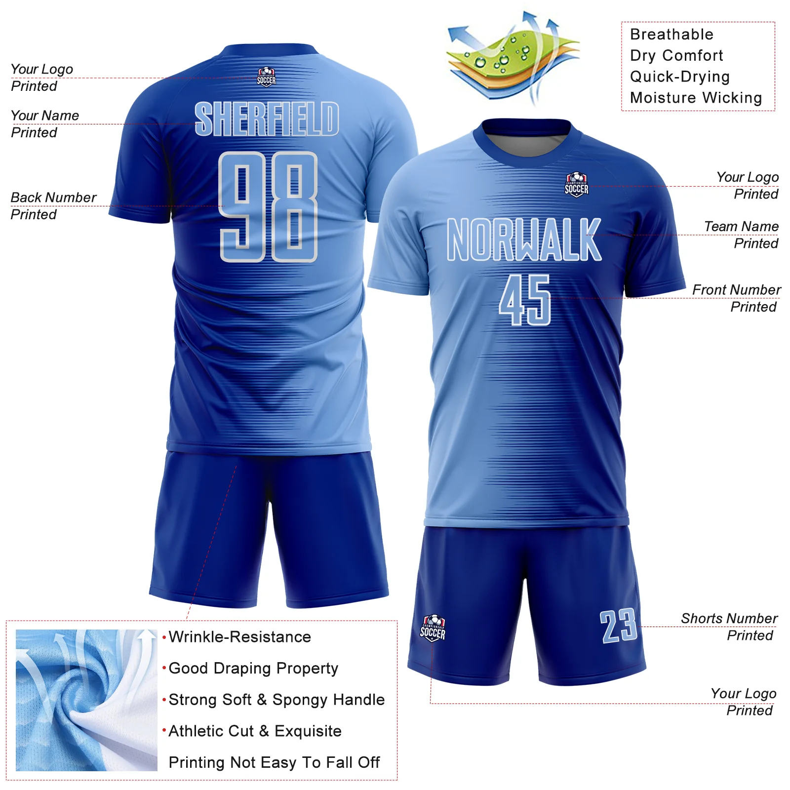 Custom Royal Light Blue-White Gradient Line Sublimation Soccer Uniform Jersey - Image 4