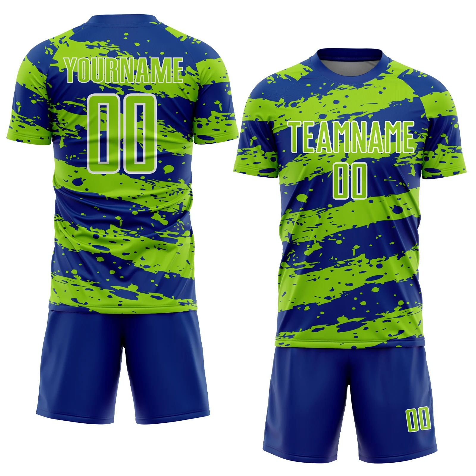 Custom Royal Neon Green-White Splash Sublimation Soccer Uniform Jersey - Image 2