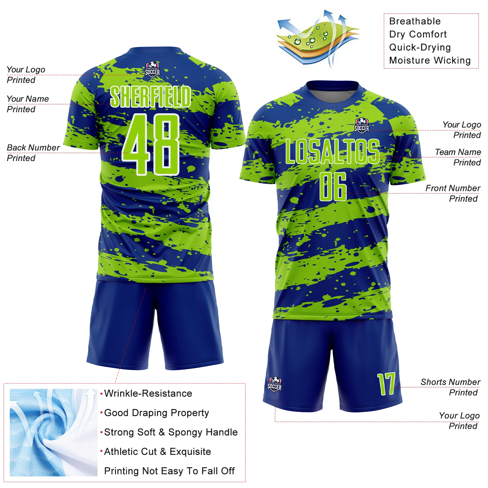 Custom Royal Neon Green-White Splash Sublimation Soccer Uniform Jersey - Image 4