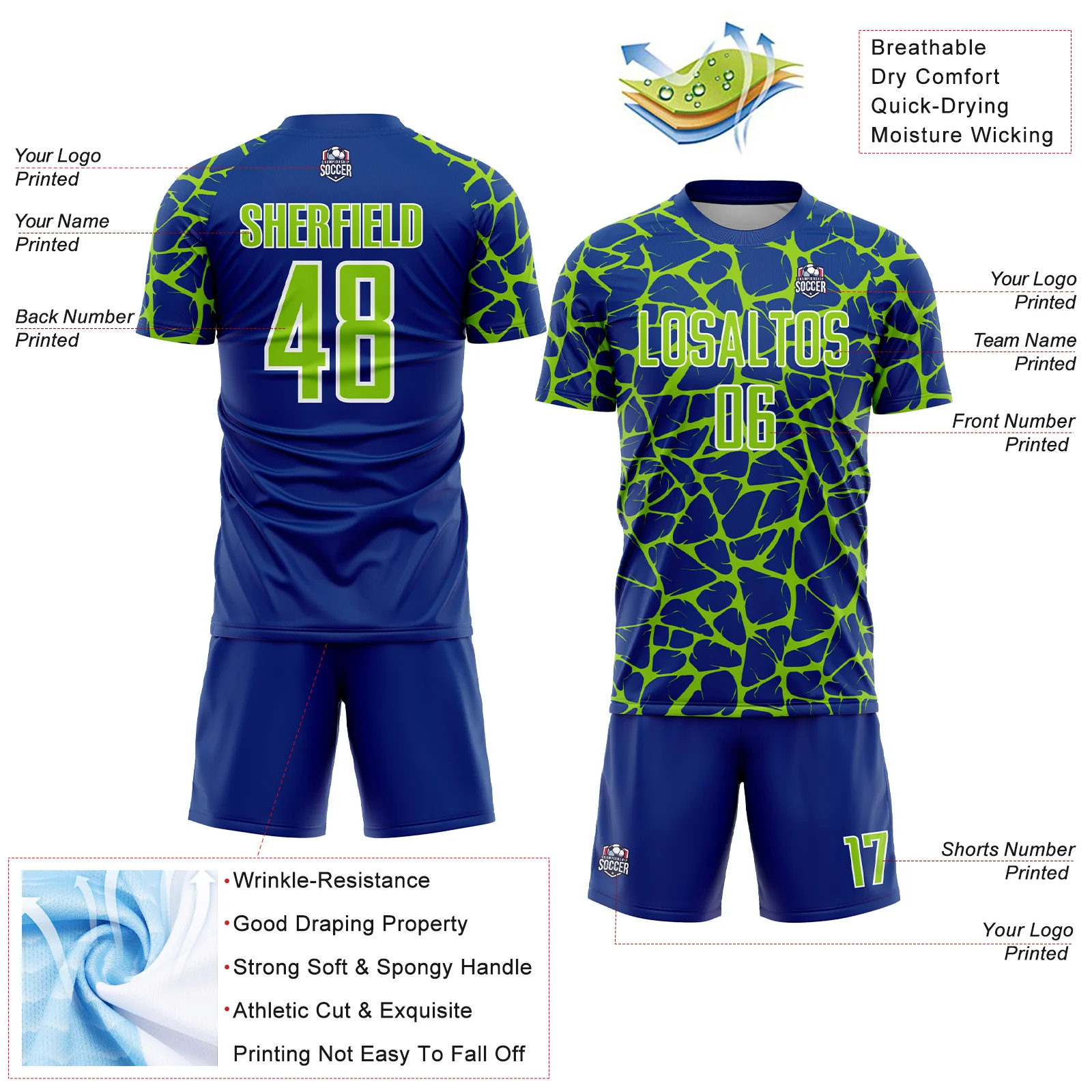 Custom Royal Neon Green-White Abstract Network Splash Sublimation Soccer Uniform Jersey - Image 4