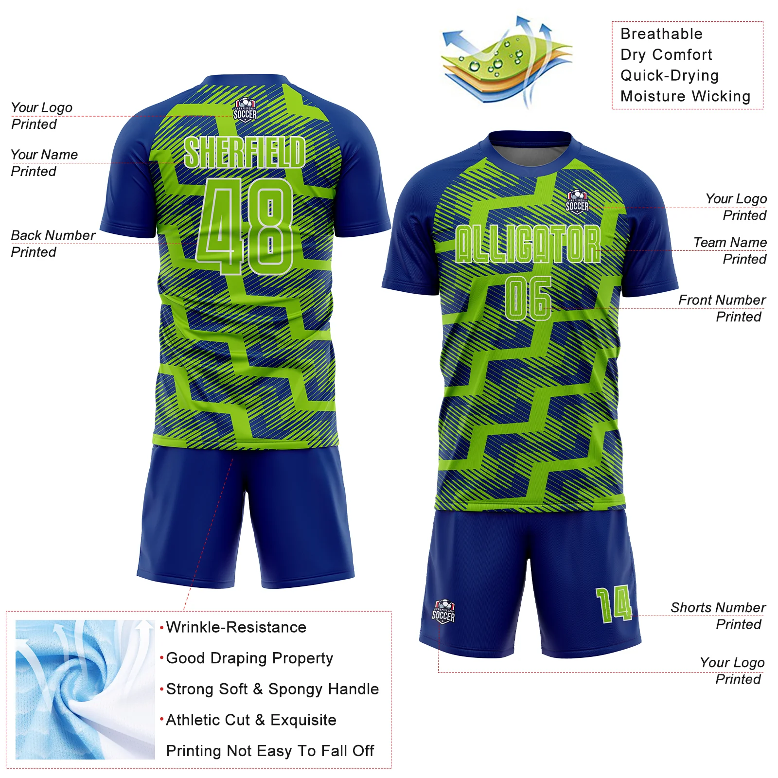 Custom Royal Neon Green-White Line Sublimation Soccer Uniform Jersey - Image 4