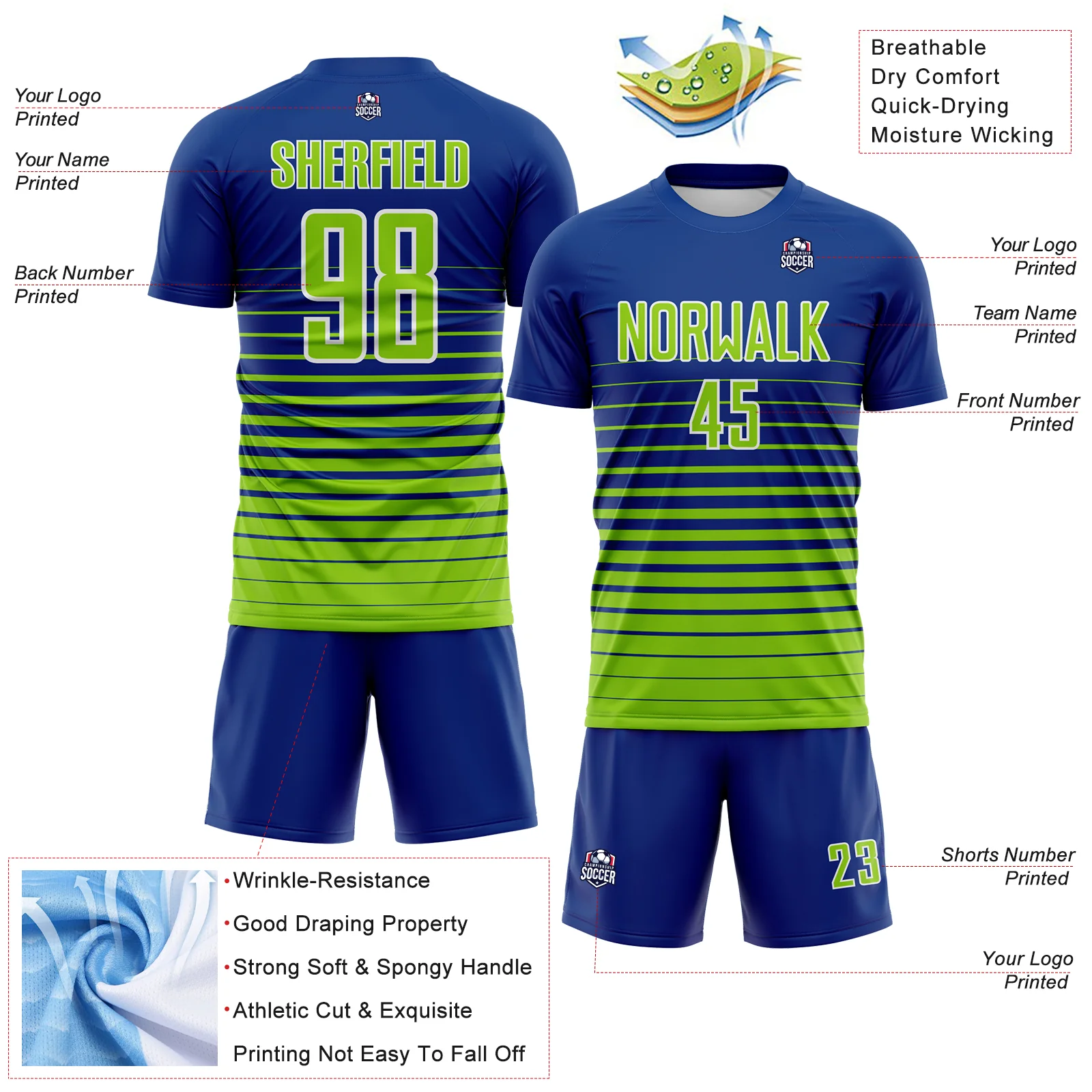 Custom Royal Neon Green-White Gradient Pinstripe Sublimation Soccer Uniform Jersey - Image 4