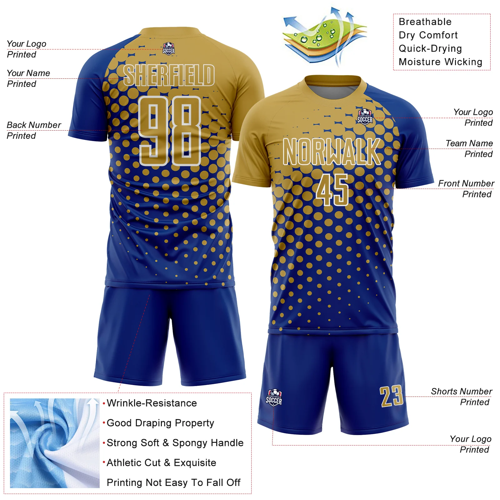 Custom Royal Old Gold-White Modern Polka Dot Sublimation Soccer Uniform Jersey - Image 4