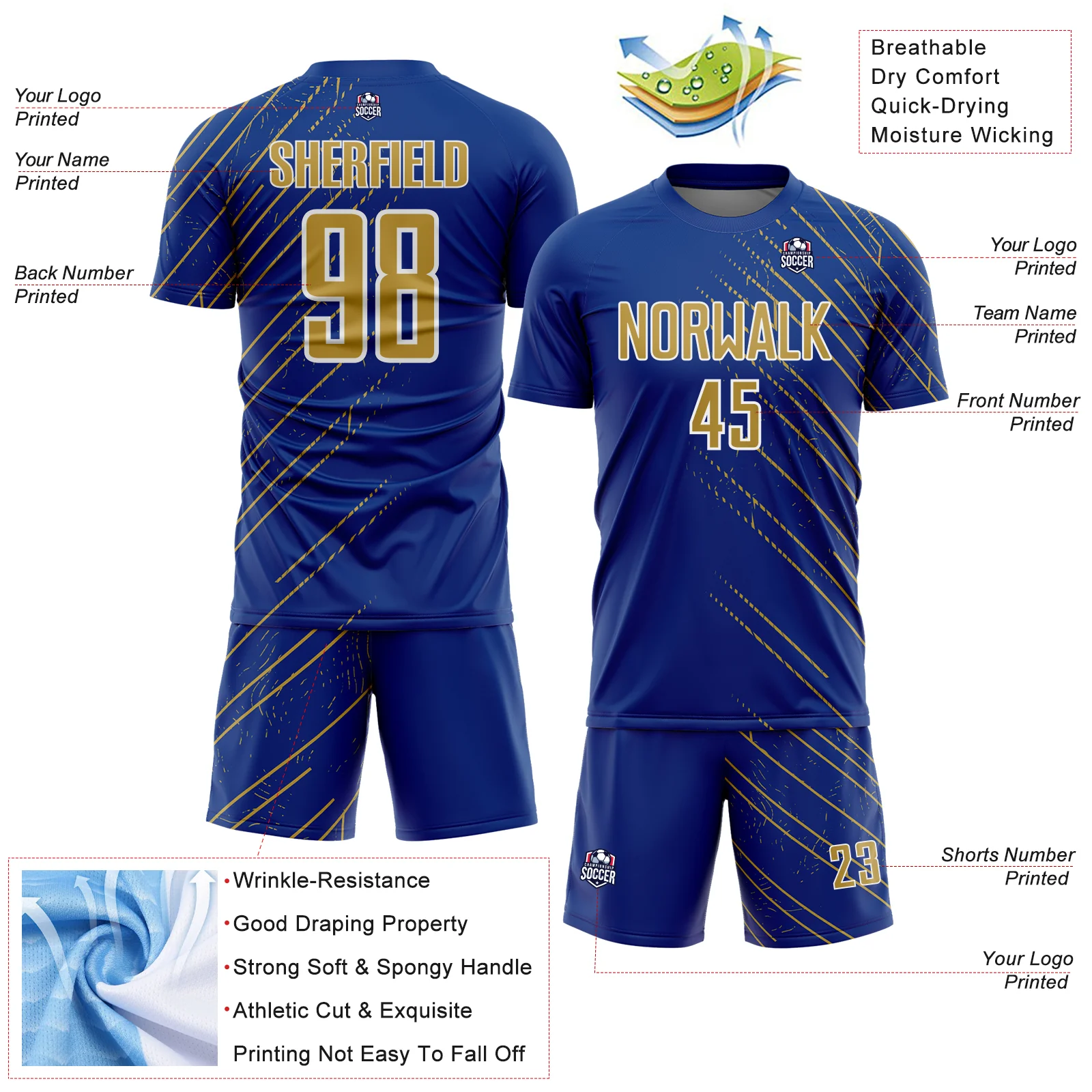 Custom Royal Old Gold-White Lines Sports Sublimation Soccer Uniform Jersey - Image 4