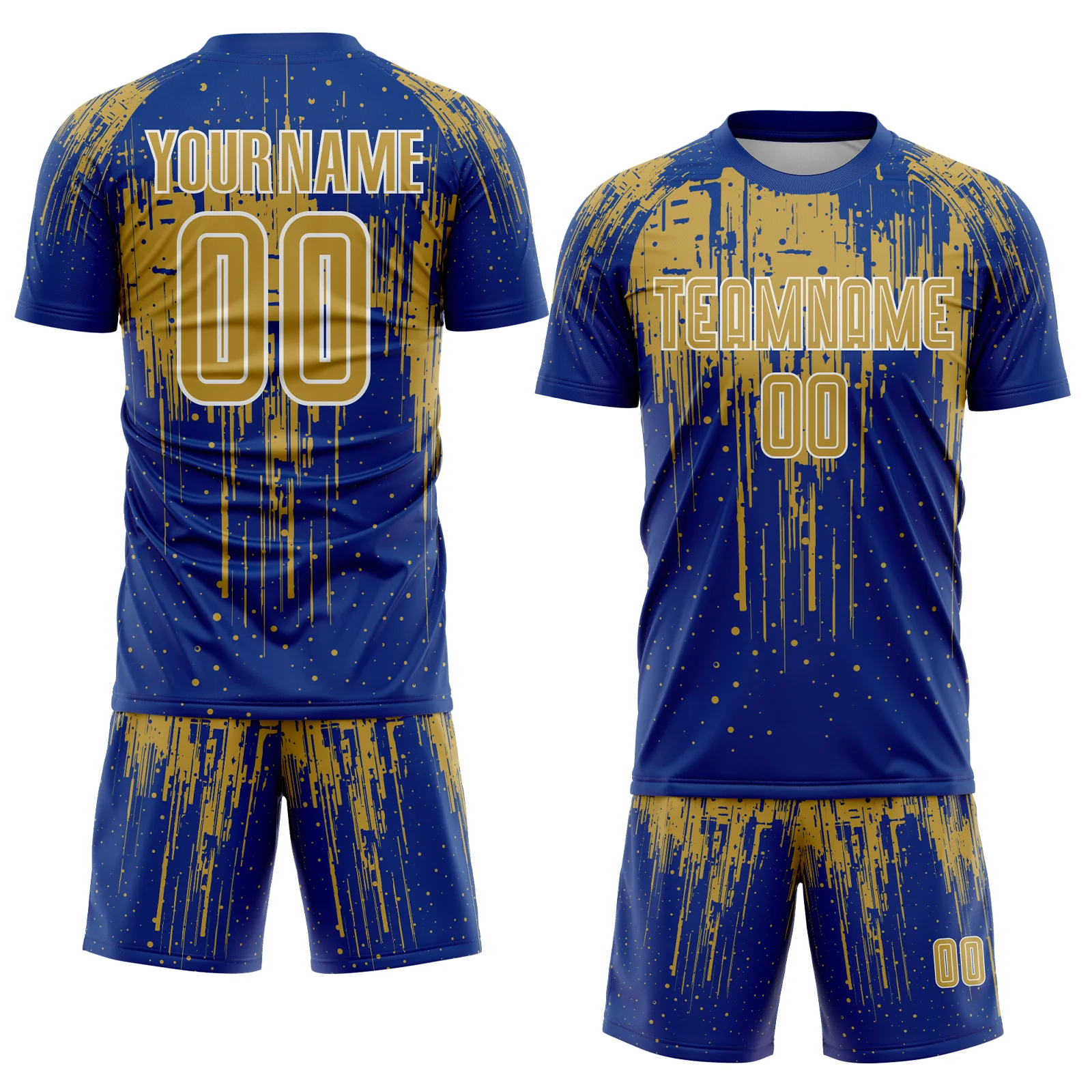 Custom Royal Old Gold-White Dripping Splatte Pattern Sports Sublimation Soccer Uniform Jersey - Image 2
