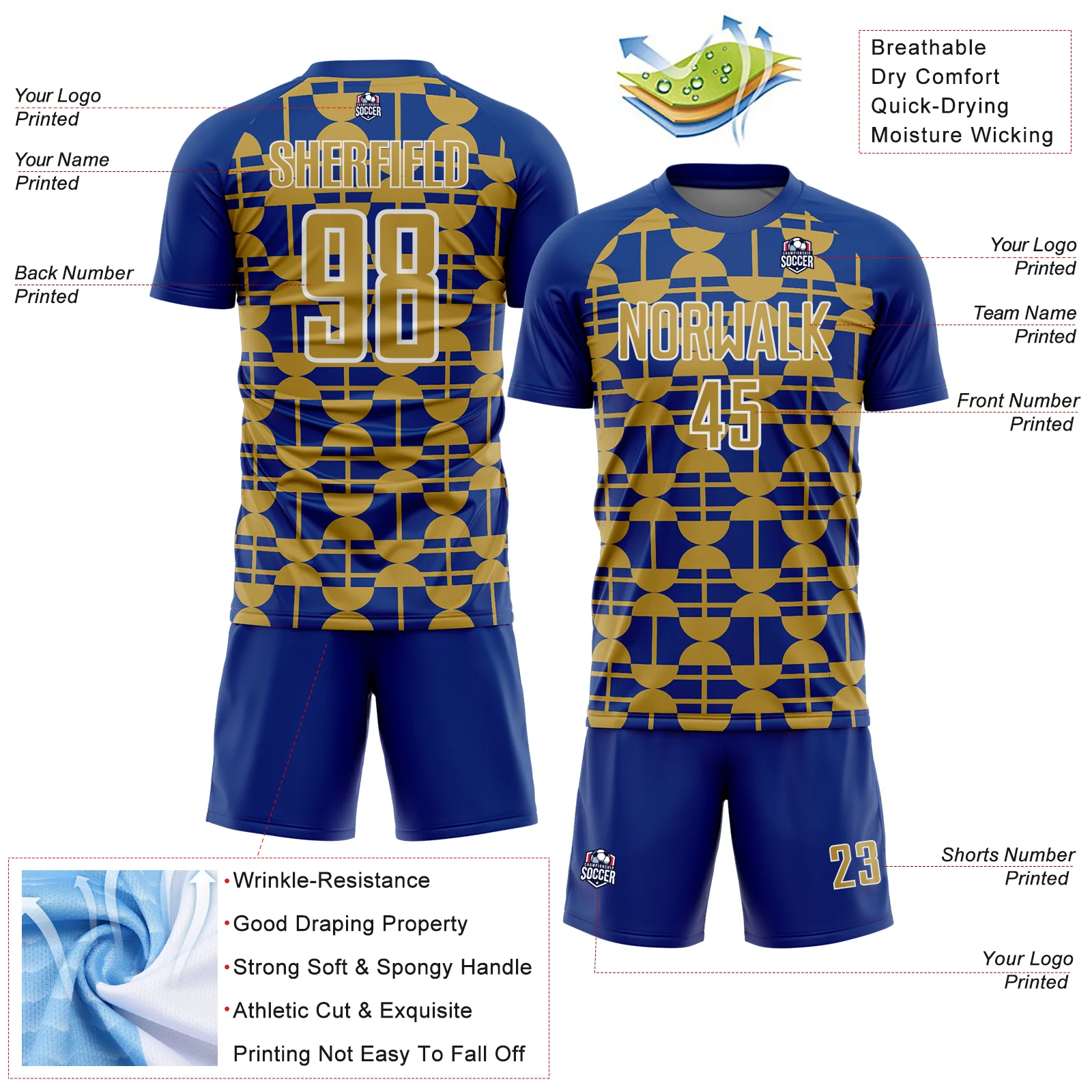 Custom Royal Old Gold-White Geometric Shapes Sports Sublimation Soccer Uniform Jersey - Image 4