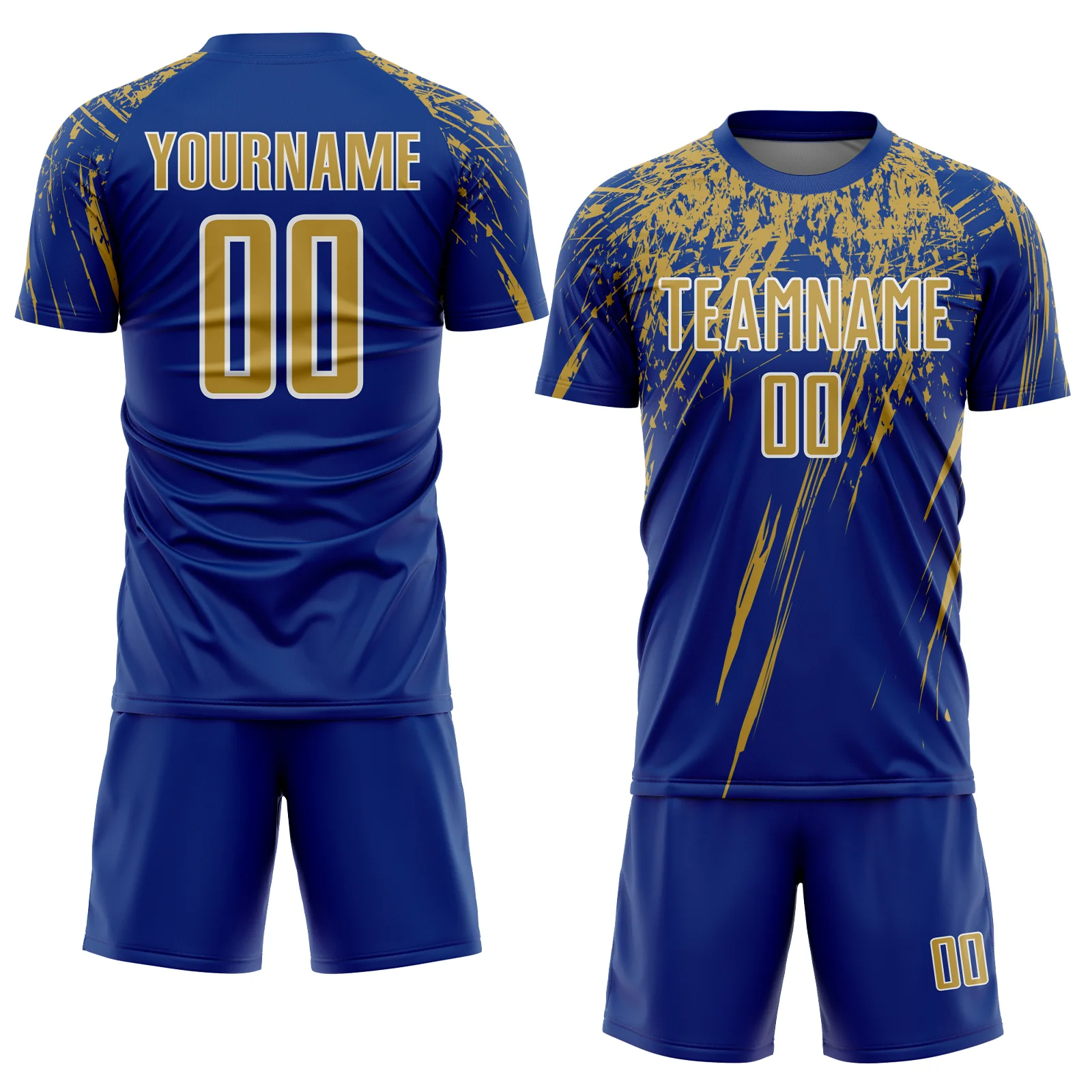 Custom Royal Old Gold-White Splash Sports Sublimation Soccer Uniform Jersey - Image 2