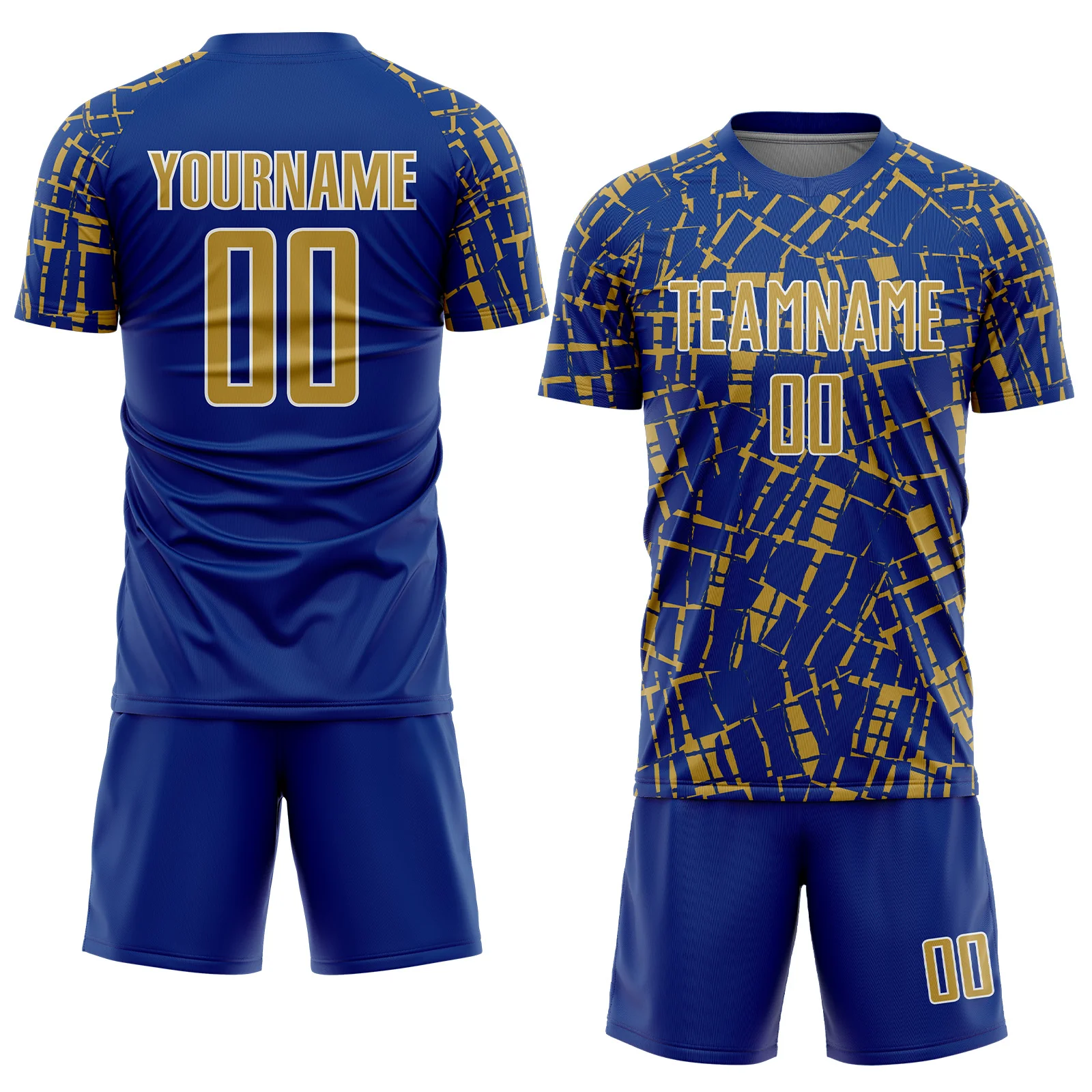 Custom Royal Old Gold-White Abstract Line Sports Sublimation Soccer Uniform Jersey - Image 2