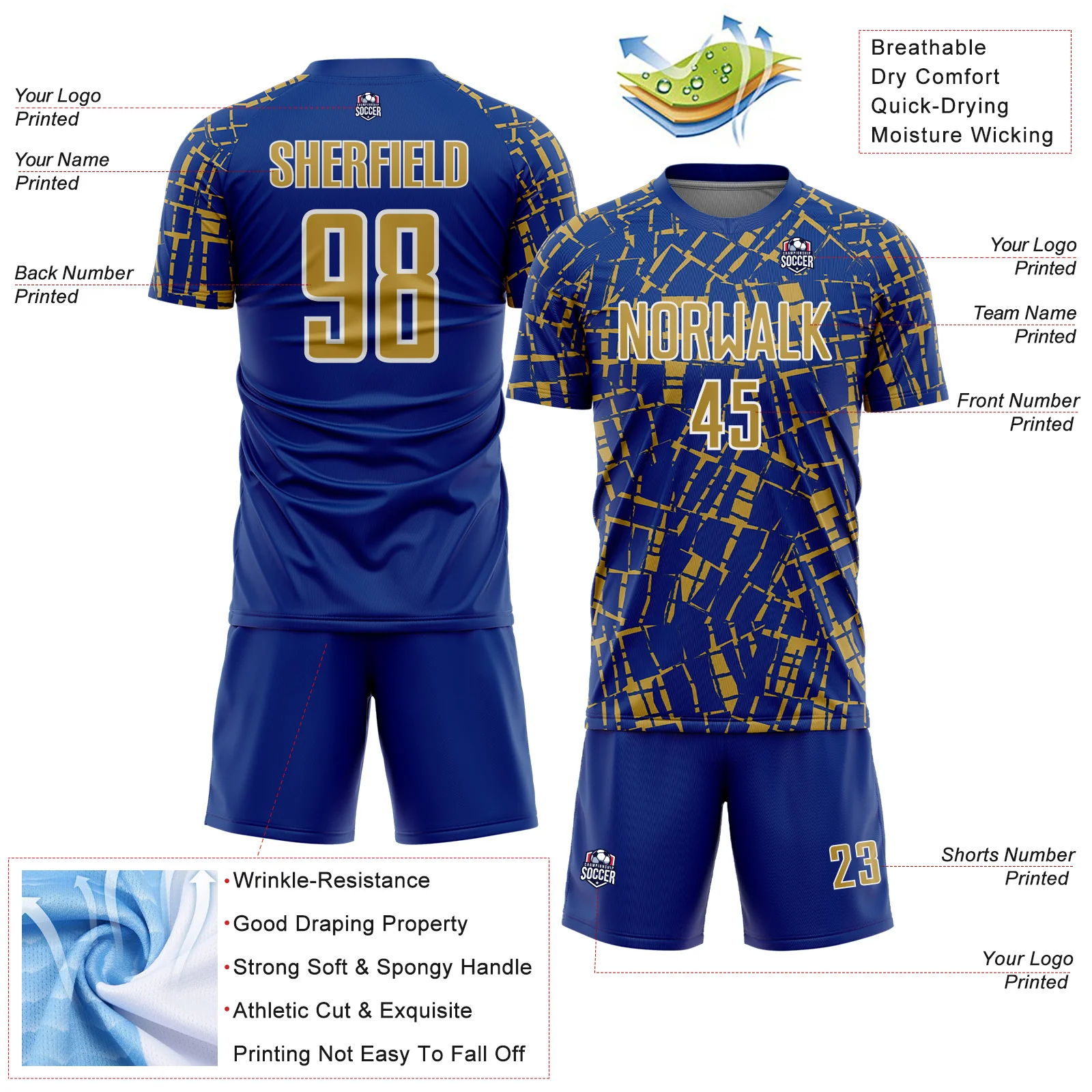 Custom Royal Old Gold-White Abstract Line Sports Sublimation Soccer Uniform Jersey - Image 4
