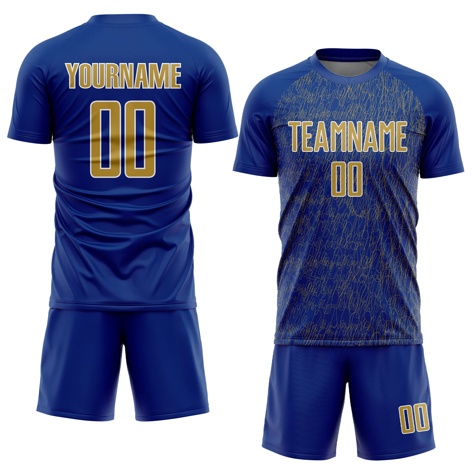 Custom Royal Old Gold-White Abstract Scribble Curve Line Pattern Sports Sublimation Soccer Uniform Jersey - Image 2
