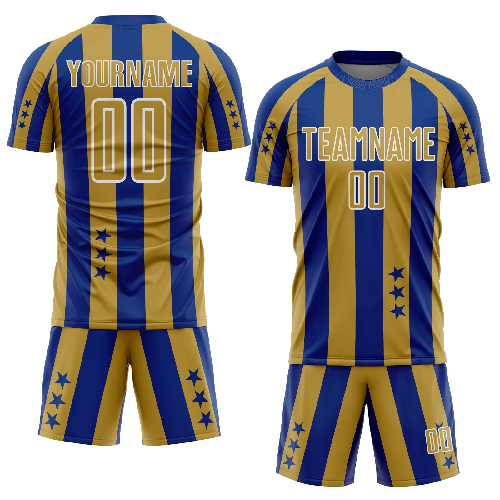 Custom Royal Old Gold-White Stars And Stripes Sports Sublimation Soccer Uniform Jersey - Image 2