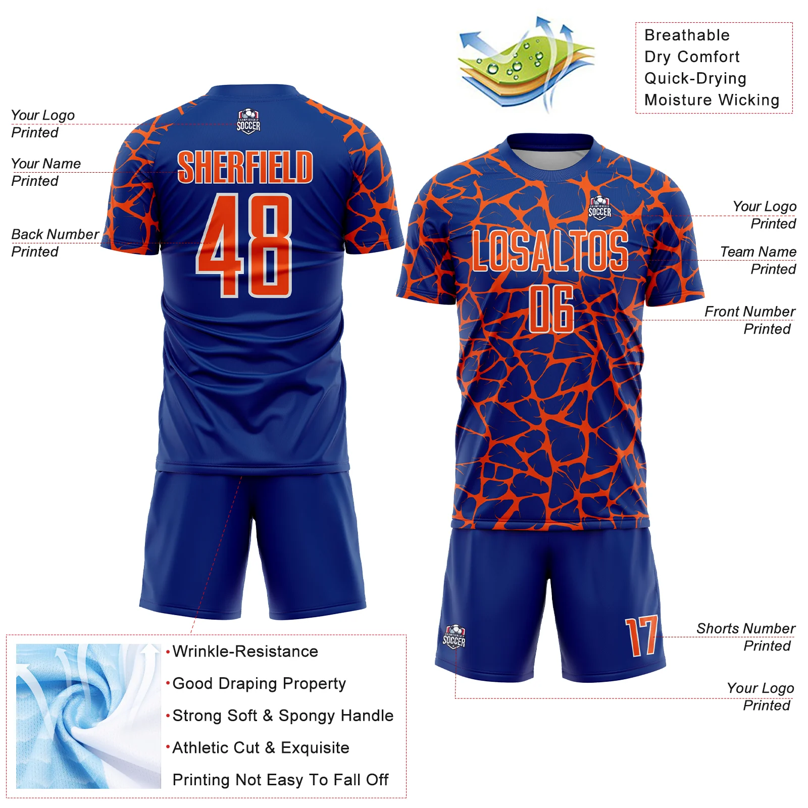 Custom Royal Orange-White Abstract Network Splash Sublimation Soccer Uniform Jersey - Image 4