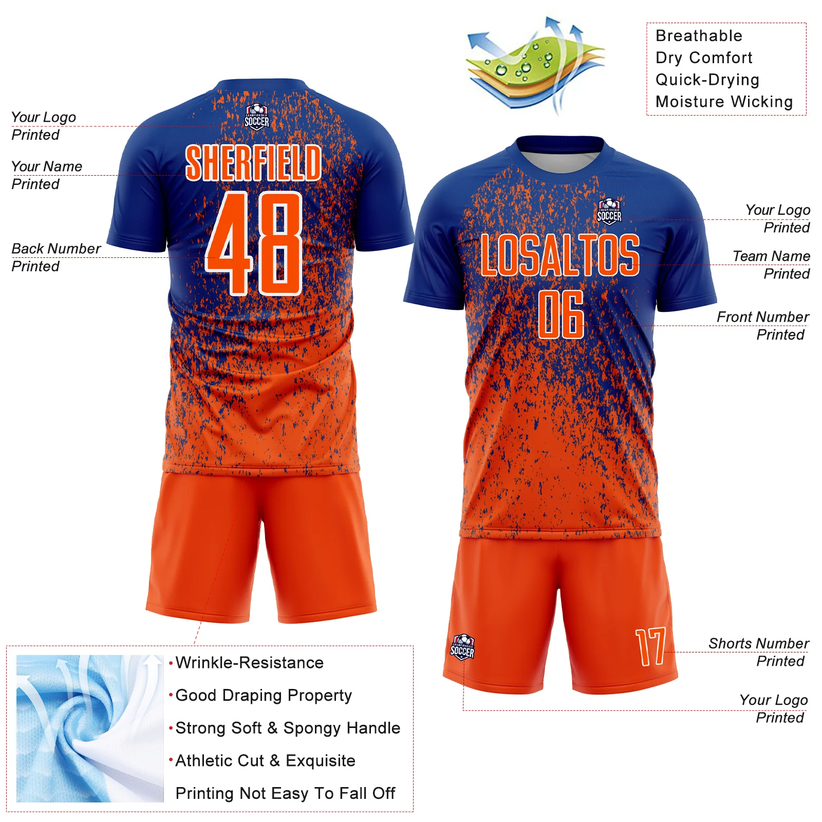 Custom Royal Orange-White Abstract Fragment Art Sublimation Soccer Uniform Jersey - Image 4