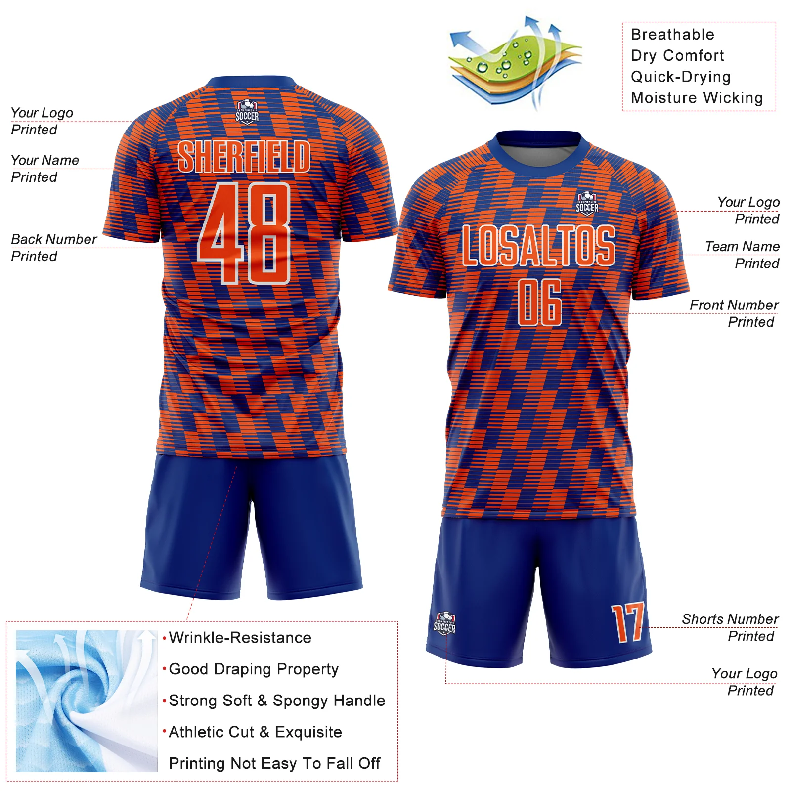 Custom Royal Orange-White Line Sublimation Soccer Uniform Jersey - Image 4