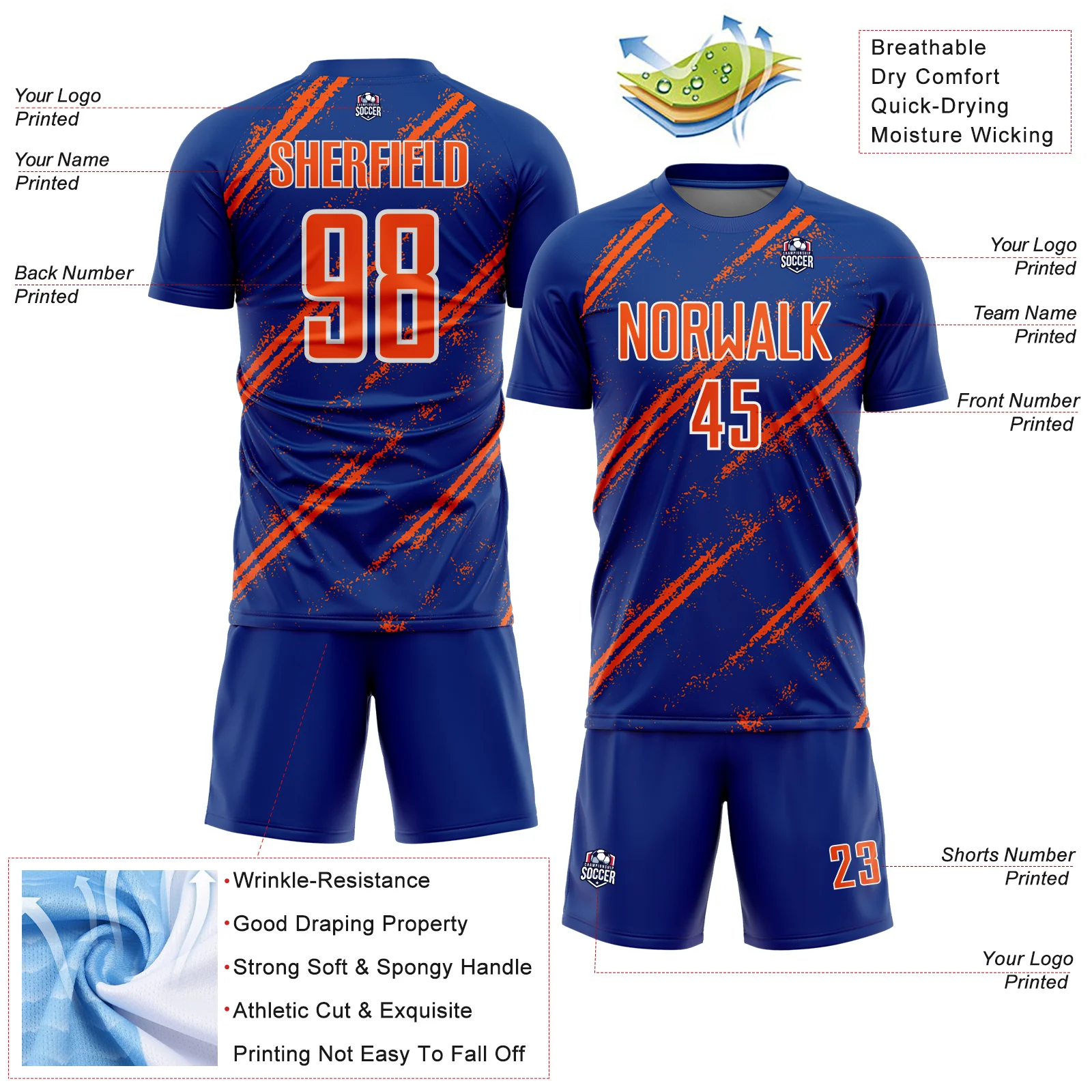 Custom Royal Orange-White Abstract Fragment Art Splash Sublimation Soccer Uniform Jersey - Image 4