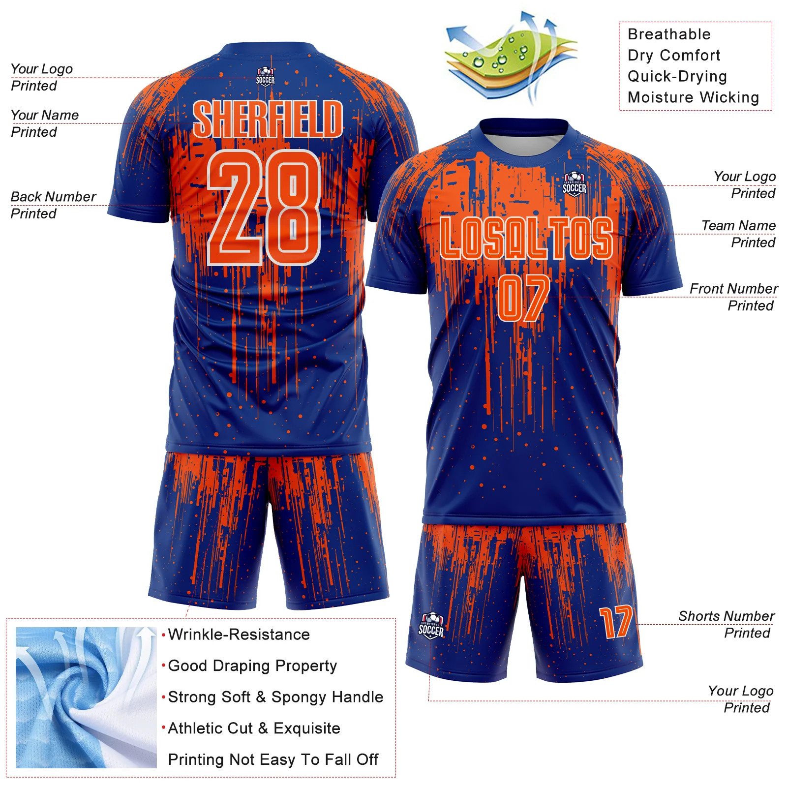 Custom Royal Orange-White Dripping Splatte Pattern Sports Sublimation Soccer Uniform Jersey - Image 4