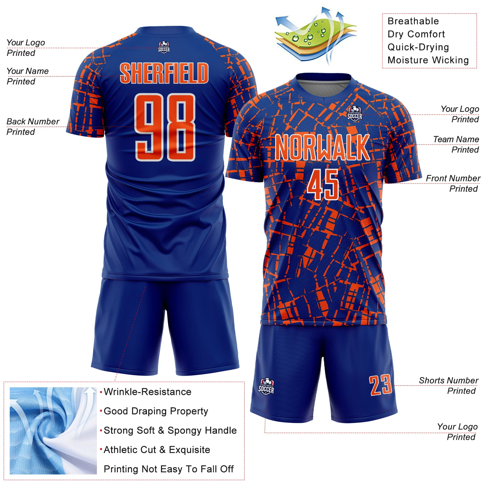 Custom Royal Orange-White Abstract Line Sports Sublimation Soccer Uniform Jersey - Image 4