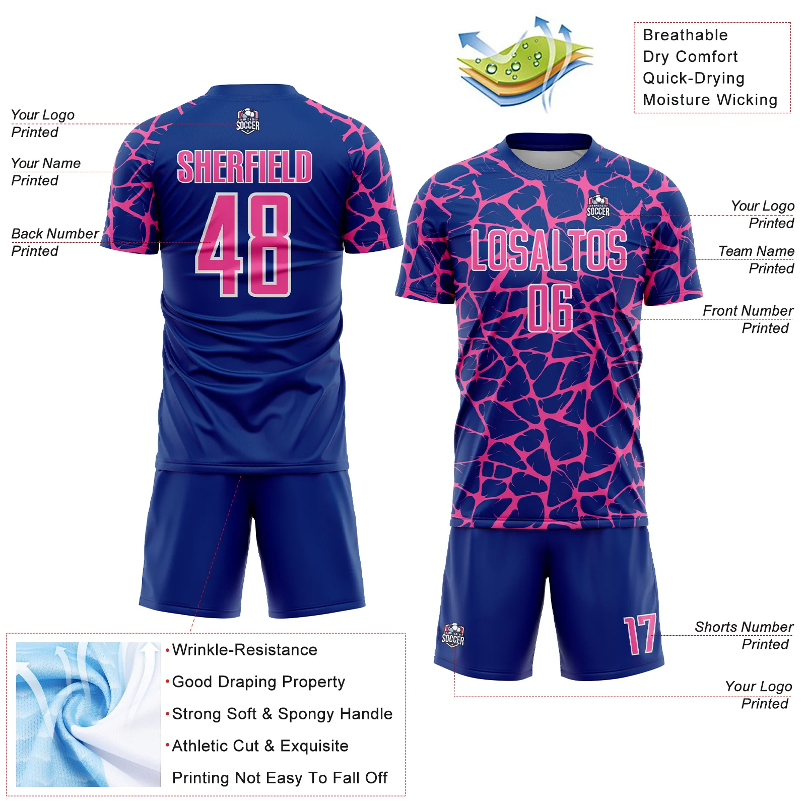 Custom Royal Pink-White Abstract Network Splash Sublimation Soccer Uniform Jersey - Image 4