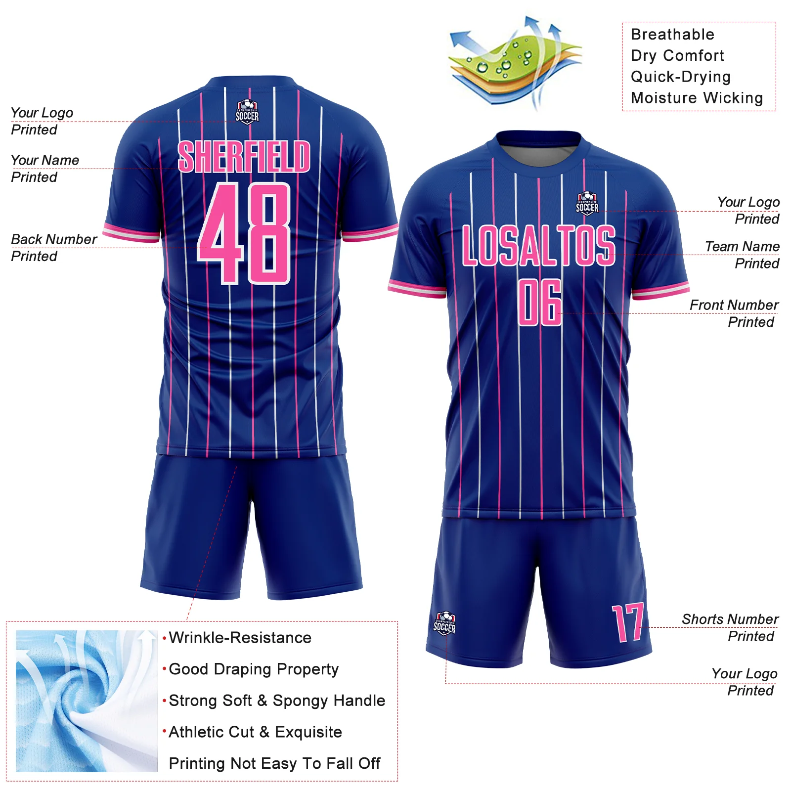 Custom Royal Pink-White France Vertical Pinstripe Sublimation Soccer Uniform Jersey - Image 4