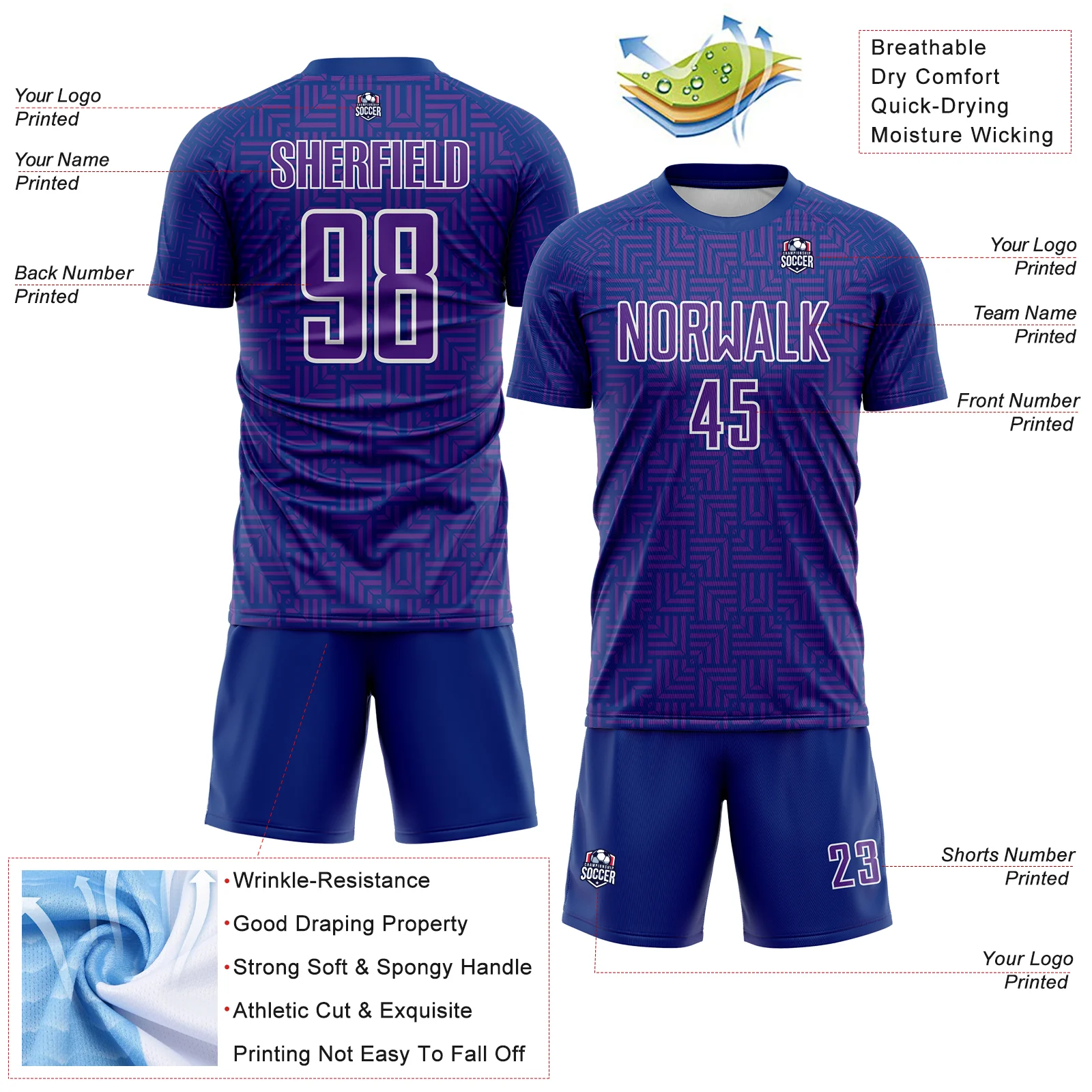 Custom Royal Purple-White Geometric Maze Interlocking Square Sports Sublimation Soccer Uniform Jersey - Image 4