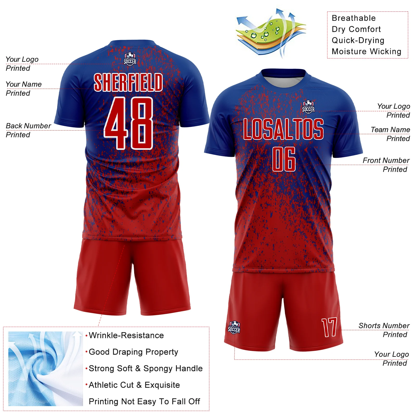 Custom Royal Red-White Abstract Fragment Art Sublimation Soccer Uniform Jersey - Image 4