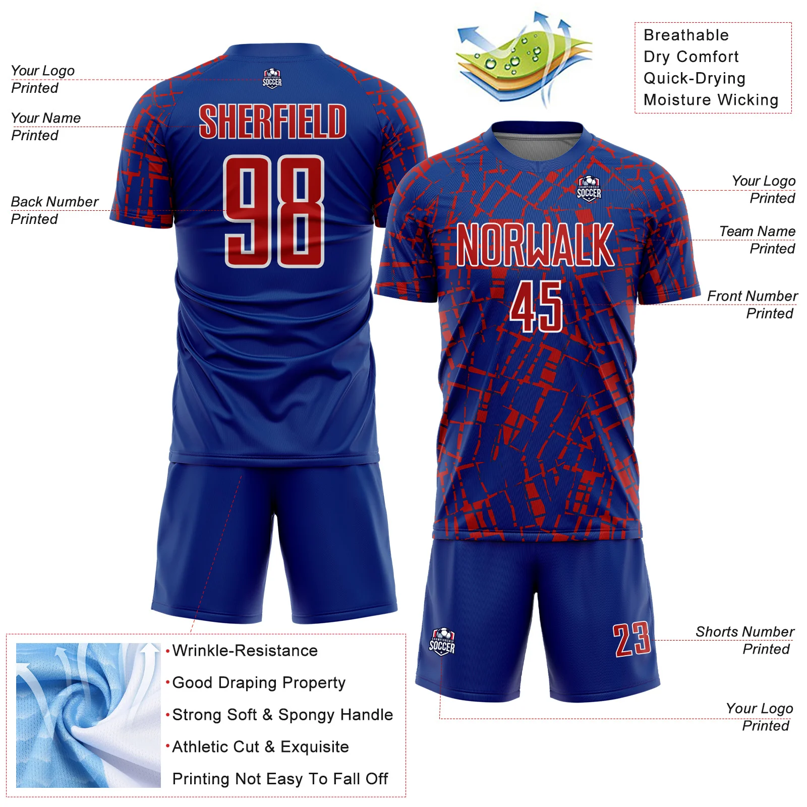 Custom Royal Red-White Abstract Line Sports Sublimation Soccer Uniform Jersey - Image 4