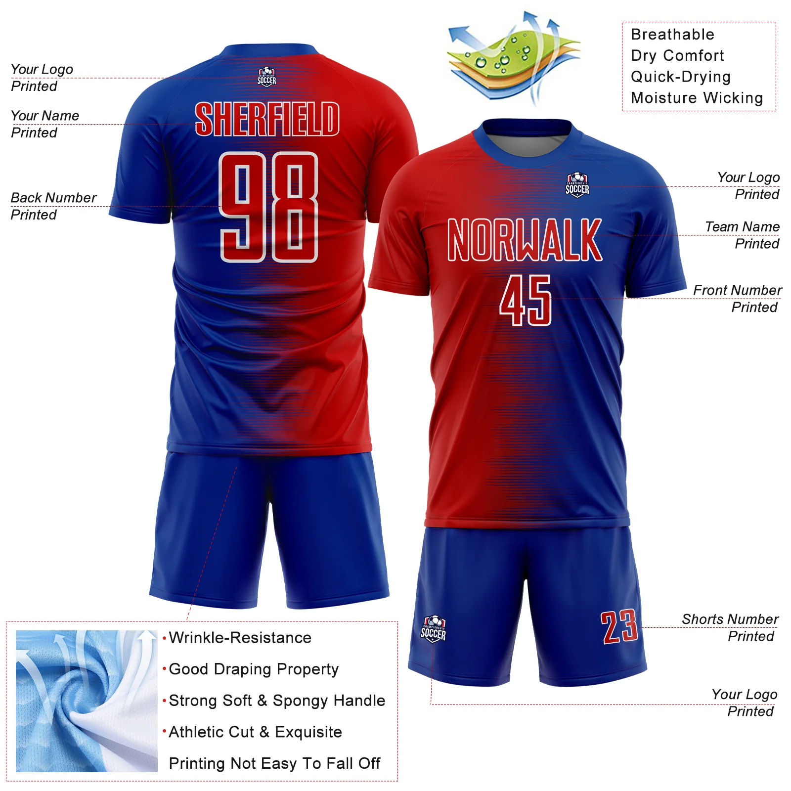 Custom Royal Red-White Gradient Line Sublimation Soccer Uniform Jersey - Image 4