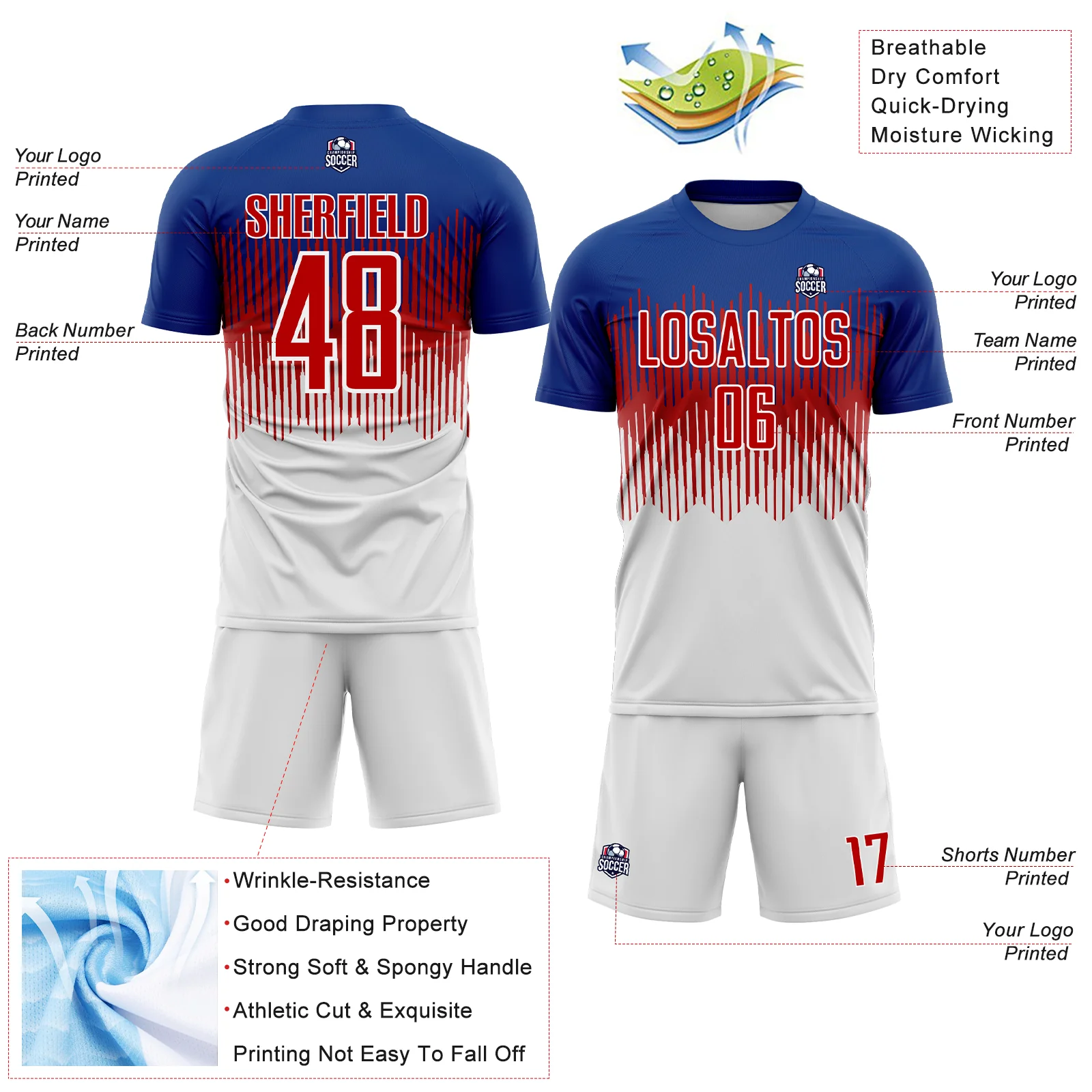 Custom Royal Red-White Colombia Gradient Lines Sublimation Soccer Uniform Jersey - Image 4