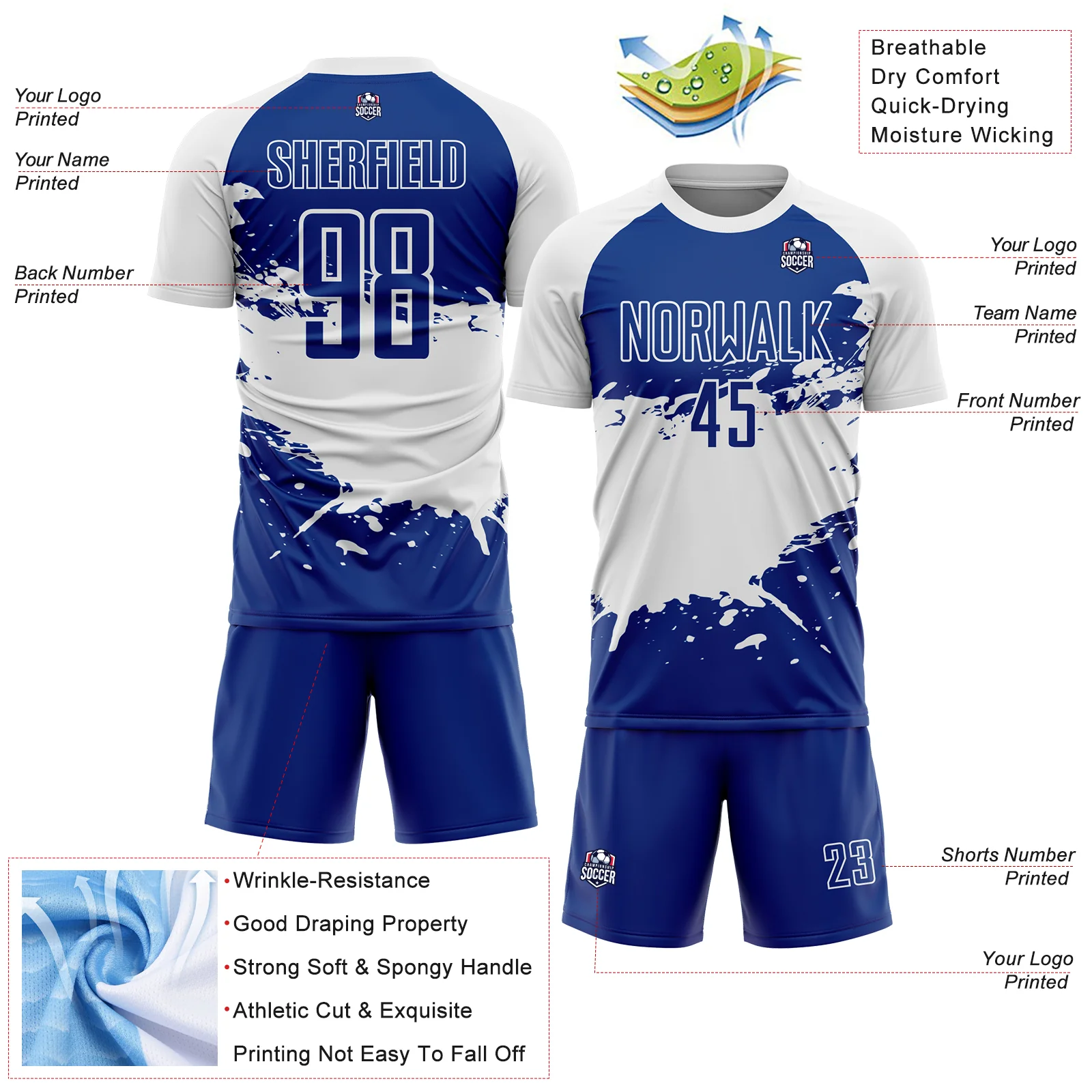 Custom Royal White Splash Sublimation Soccer Uniform Jersey - Image 4