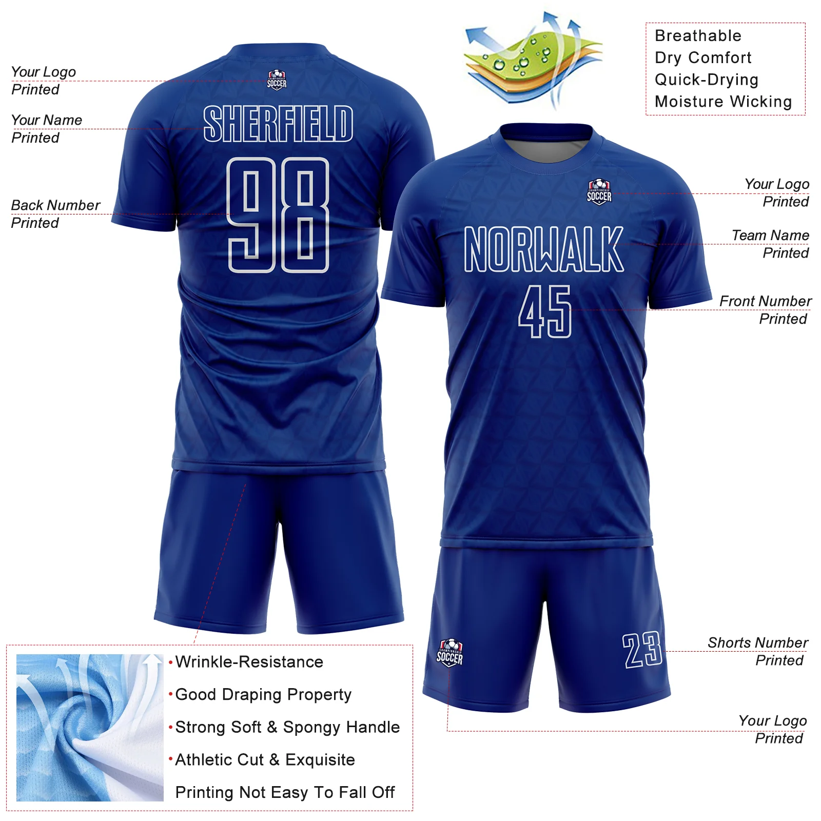 Custom Royal White Geometric Shape Sublimation Soccer Uniform Jersey - Image 4