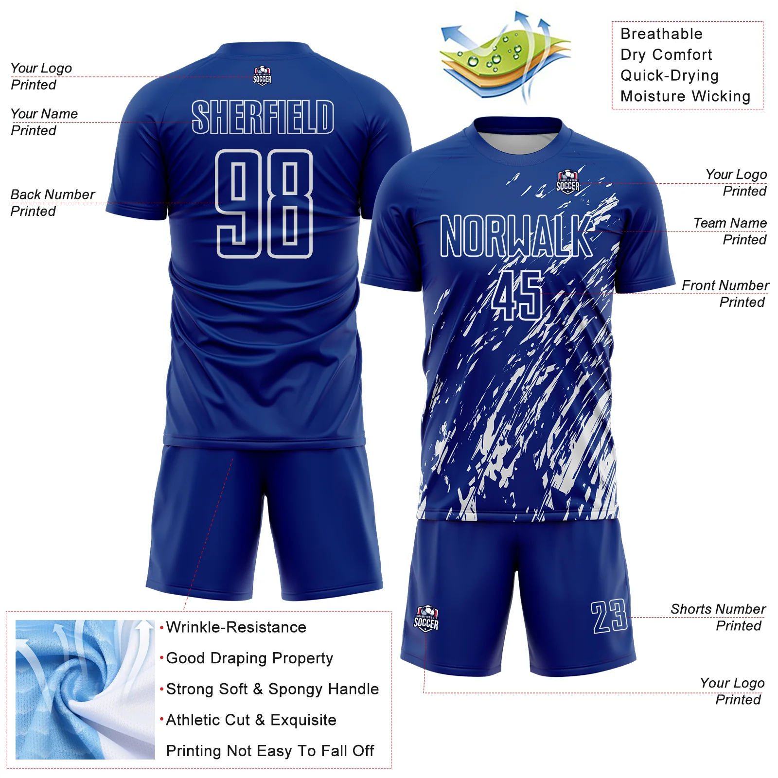 Custom Royal White Splash Sublimation Soccer Uniform Jersey - Image 4