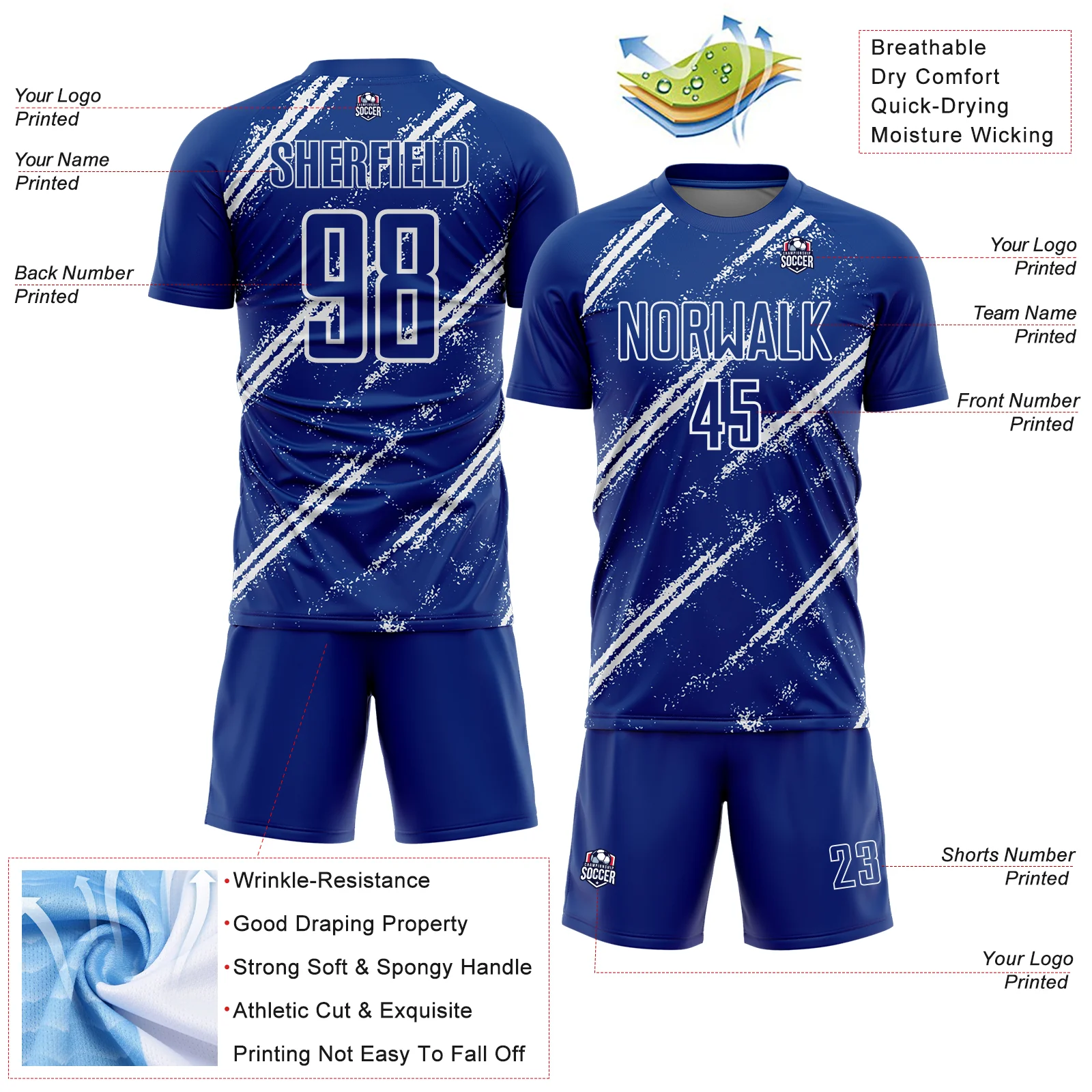 Custom Royal White Abstract Fragment Art Splash Sublimation Soccer Uniform Jersey - Image 4