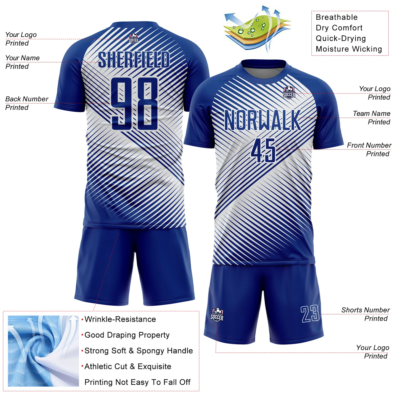 Custom Royal White Line Sublimation Soccer Uniform Jersey - Image 4