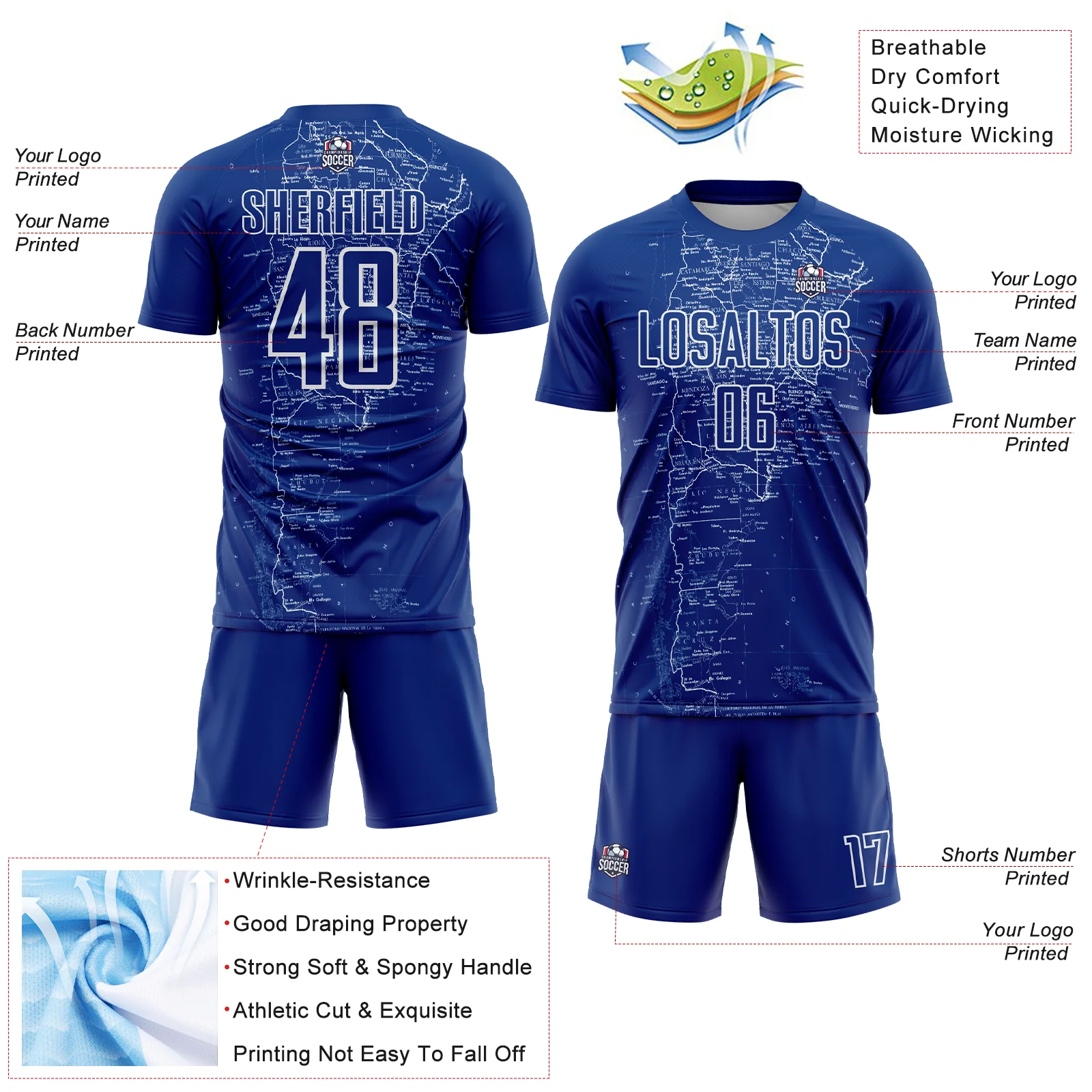 Custom Royal White Map Outline Sports Sublimation Soccer Uniform Jersey - Image 4