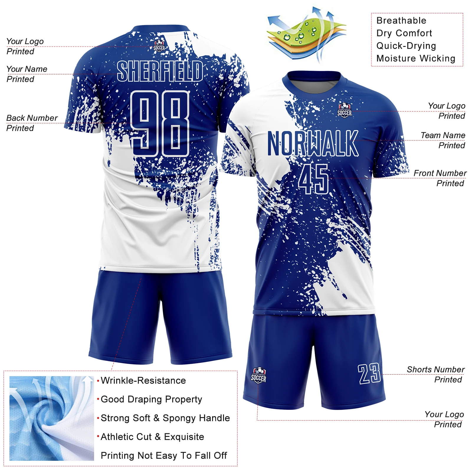 Custom Royal White Abstract Brush Stroke Sports Sublimation Soccer Uniform Jersey - Image 4