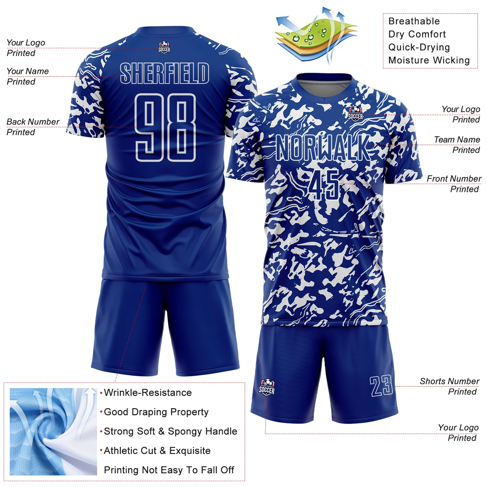 Custom Royal White Liquid Fluid Pattern Sports Sublimation Soccer Uniform Jersey - Image 4