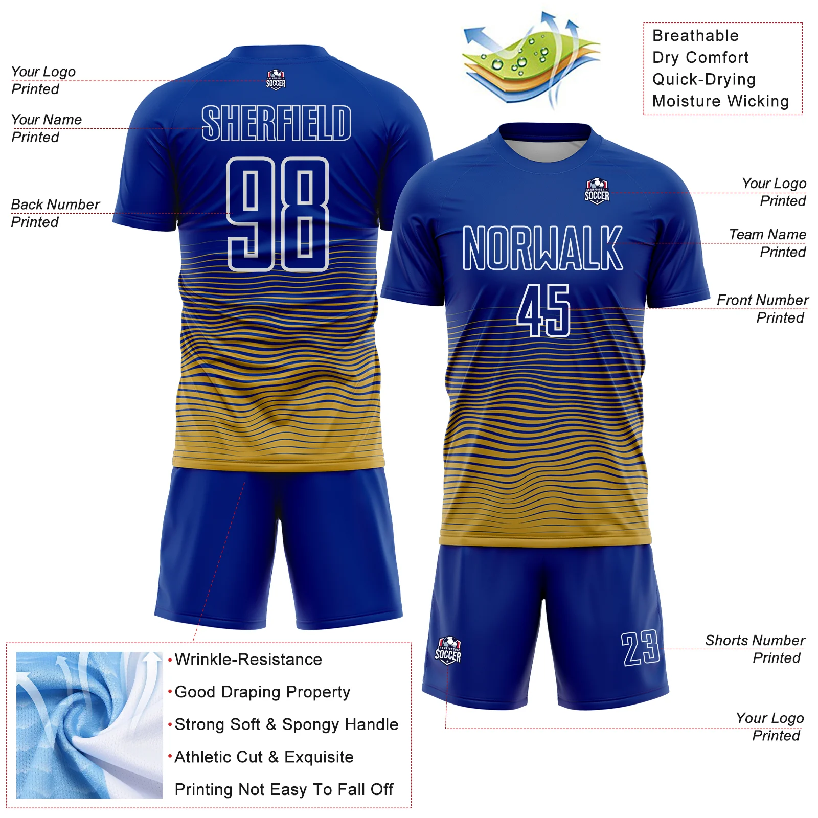 Custom Royal White-Old Gold Gradient Wave Line Sports Sublimation Soccer Uniform Jersey - Image 4