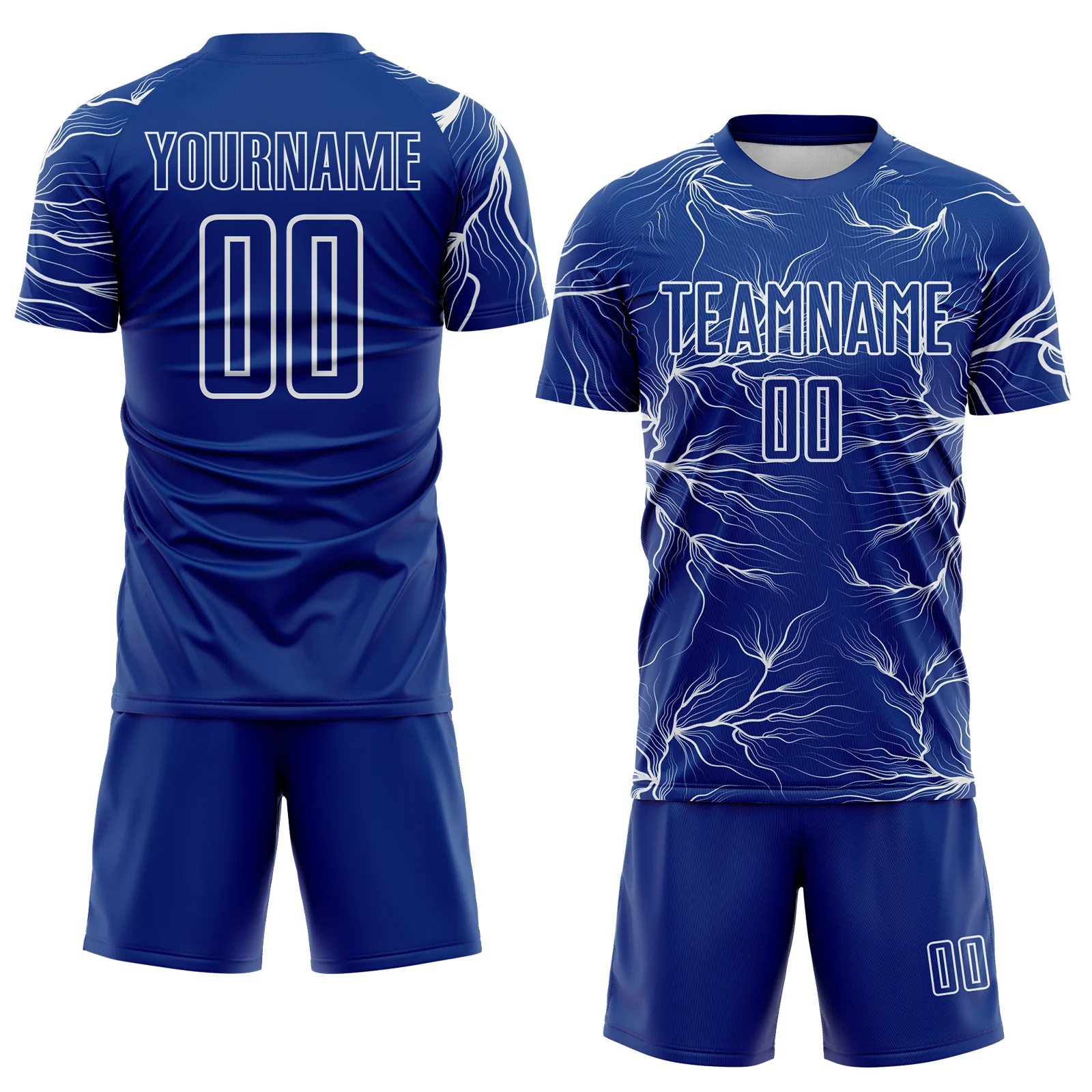 Custom Royal White Lightning Electric Veins Sublimation Soccer Uniform Jersey - Image 2