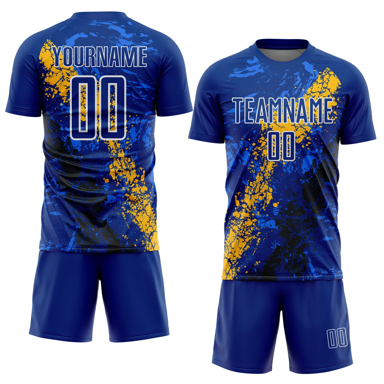 Custom Royal White Gold-Black Dripping Splatter Cracked Texture Sublimation Soccer Uniform Jersey - Image 2