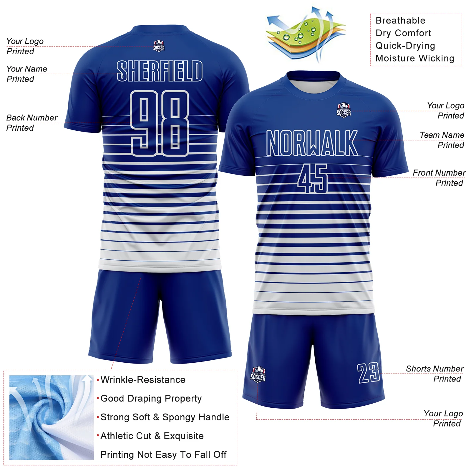 Custom Royal White Gradient Pinstripe Sublimation Soccer Uniform Jersey - Image 4