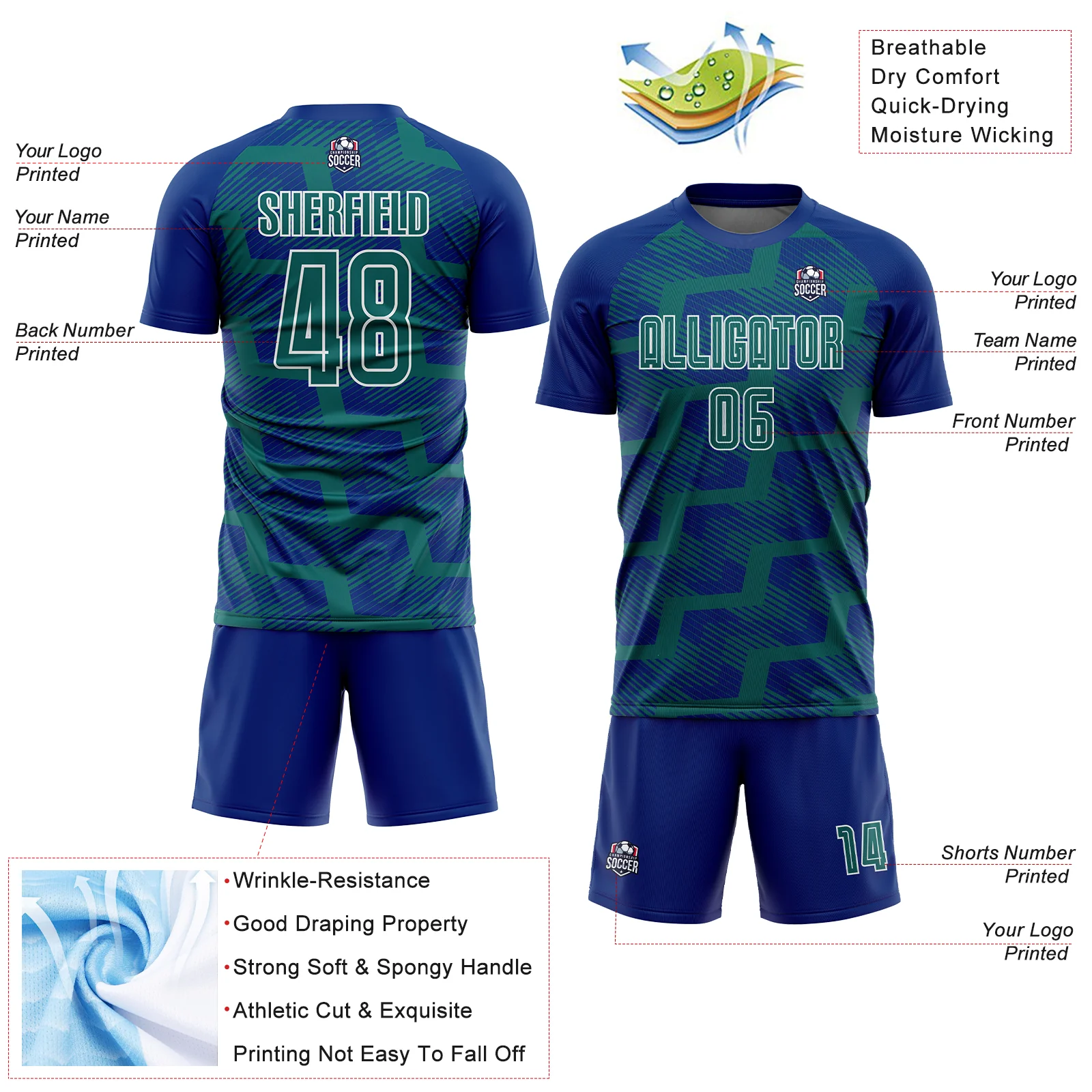 Custom Royal Teal-White Line Sublimation Soccer Uniform Jersey - Image 4