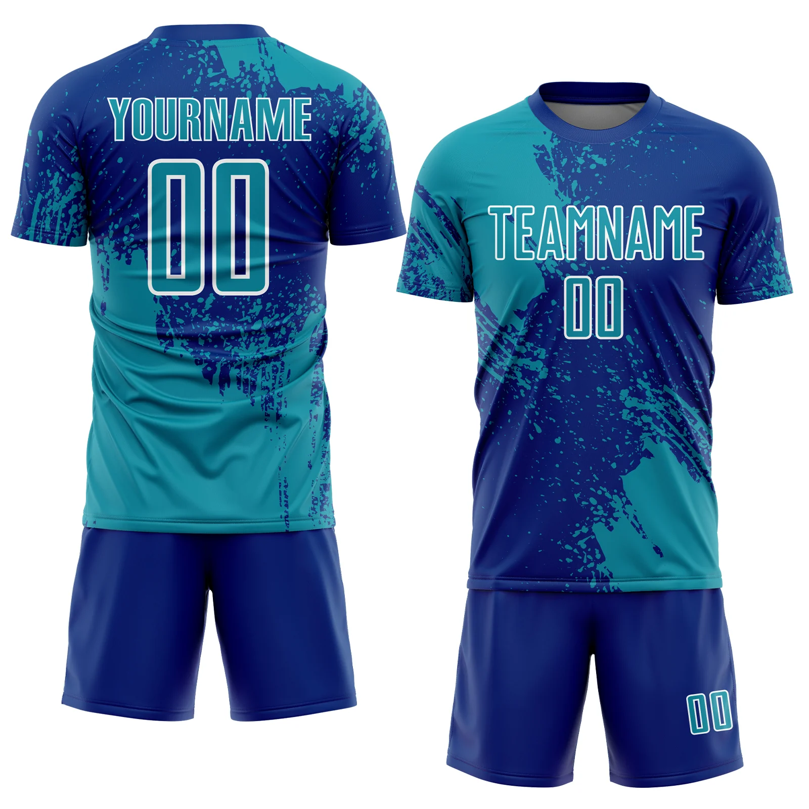 Custom Royal Teal-White Abstract Brush Stroke Sports Sublimation Soccer Uniform Jersey - Image 2
