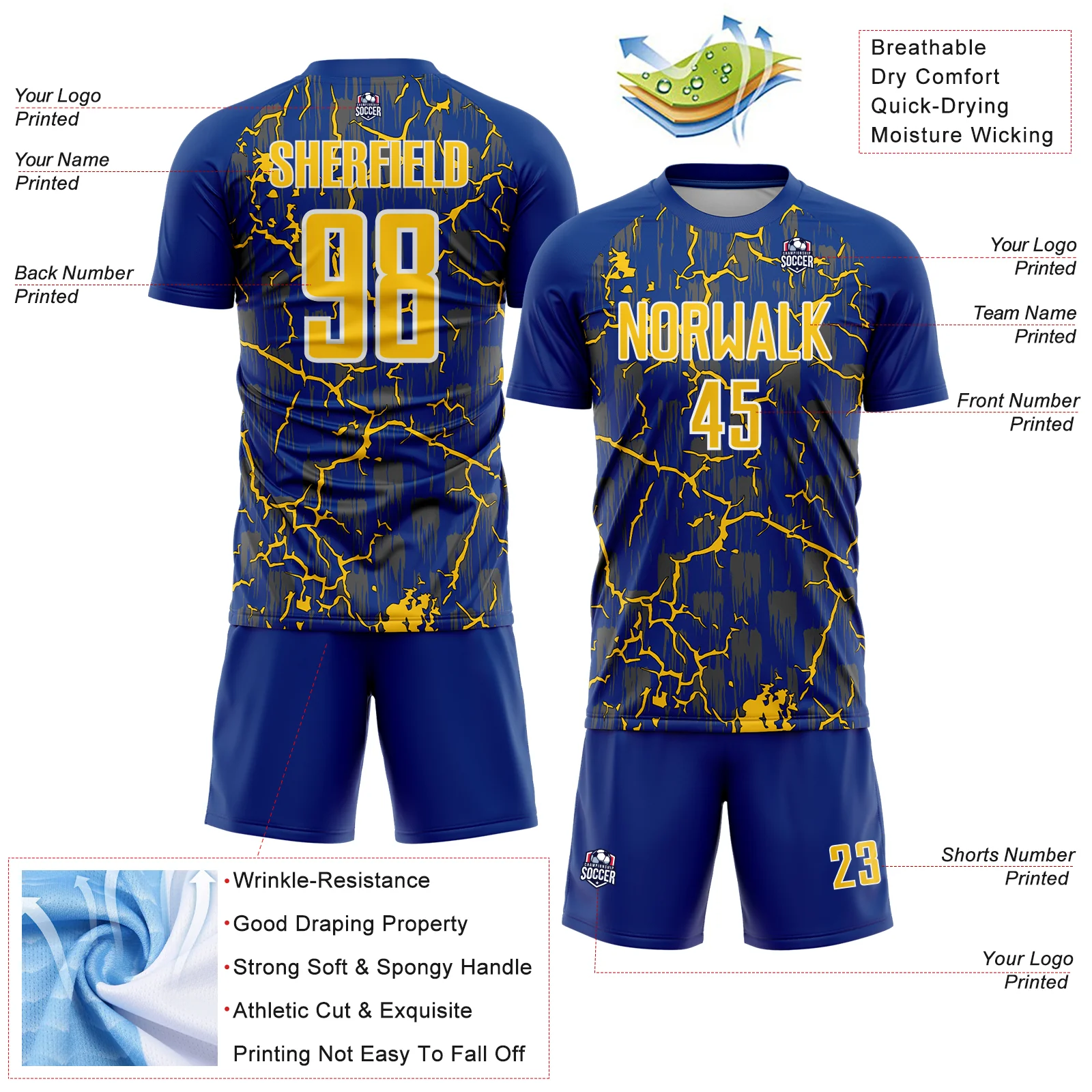 Custom Royal Yellow-White Lightning Sublimation Soccer Uniform Jersey - Image 4