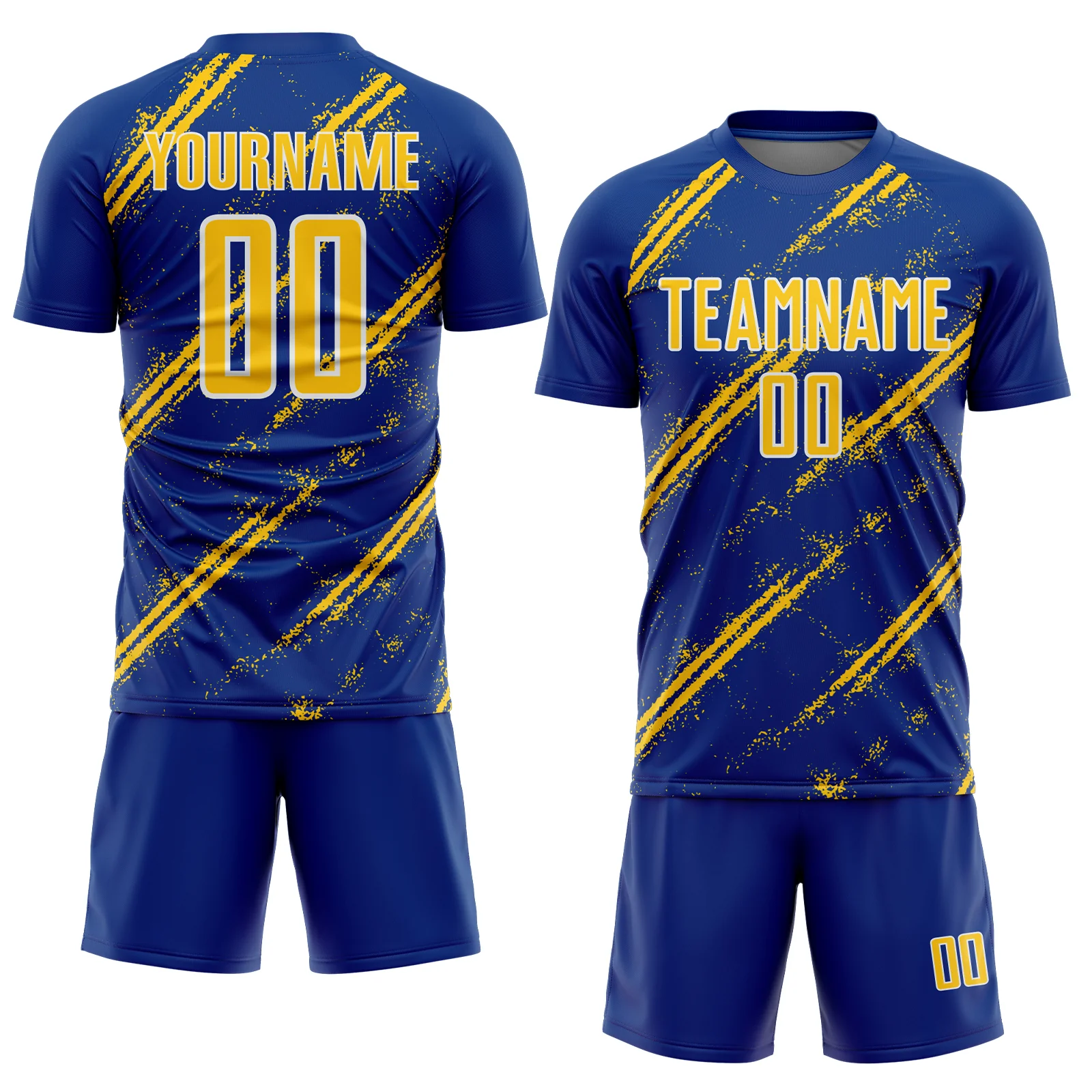 Custom Royal Yellow-White Abstract Fragment Art Splash Sublimation Soccer Uniform Jersey - Image 2